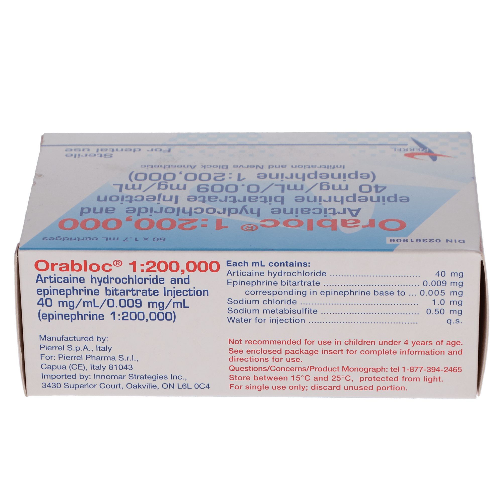 Orabloc Articaine HCl 4% with Epinephrine 1:200,000 Injection Cartridges, 1.8 mL, Blue, 50/Pk, 2101052 thumbnail 3
