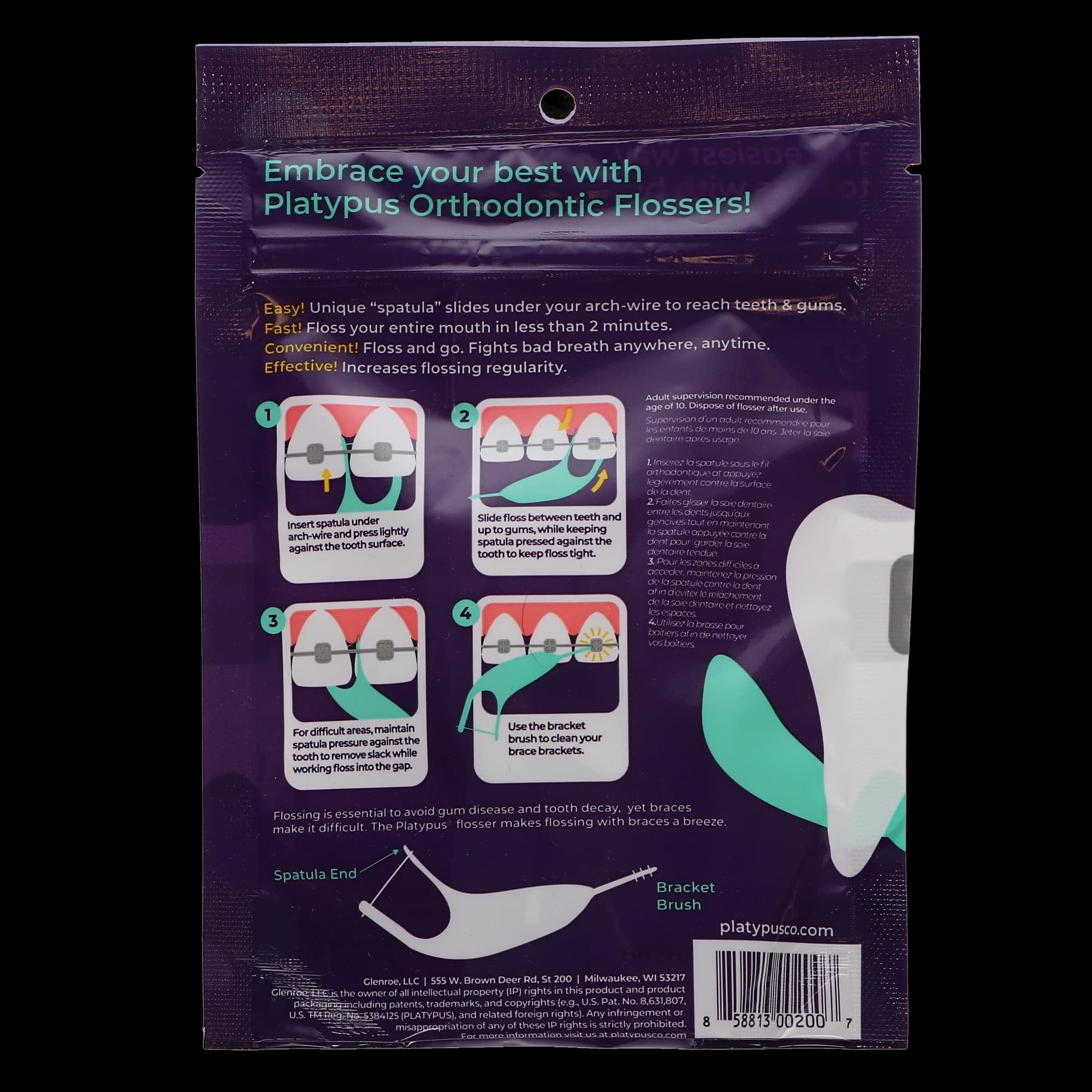 Platypus Orthodontic Flossers, No Threader Required, with Interdental Pick, 30/Bag, T130 thumbnail 6