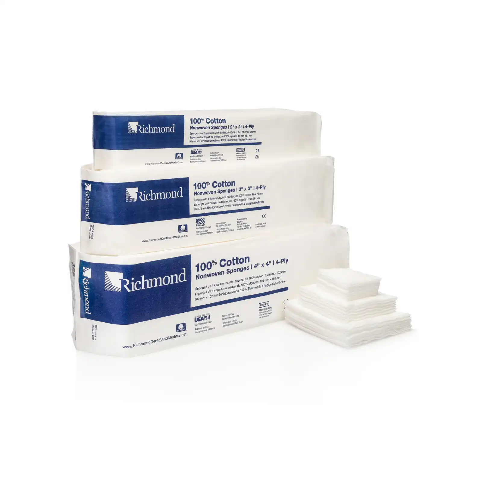 Richmond 100% Cotton Non-Woven Sponges, 4-Ply, 2" x 2", Non-Sterile, 5000/Case, 300631 thumbnail 2