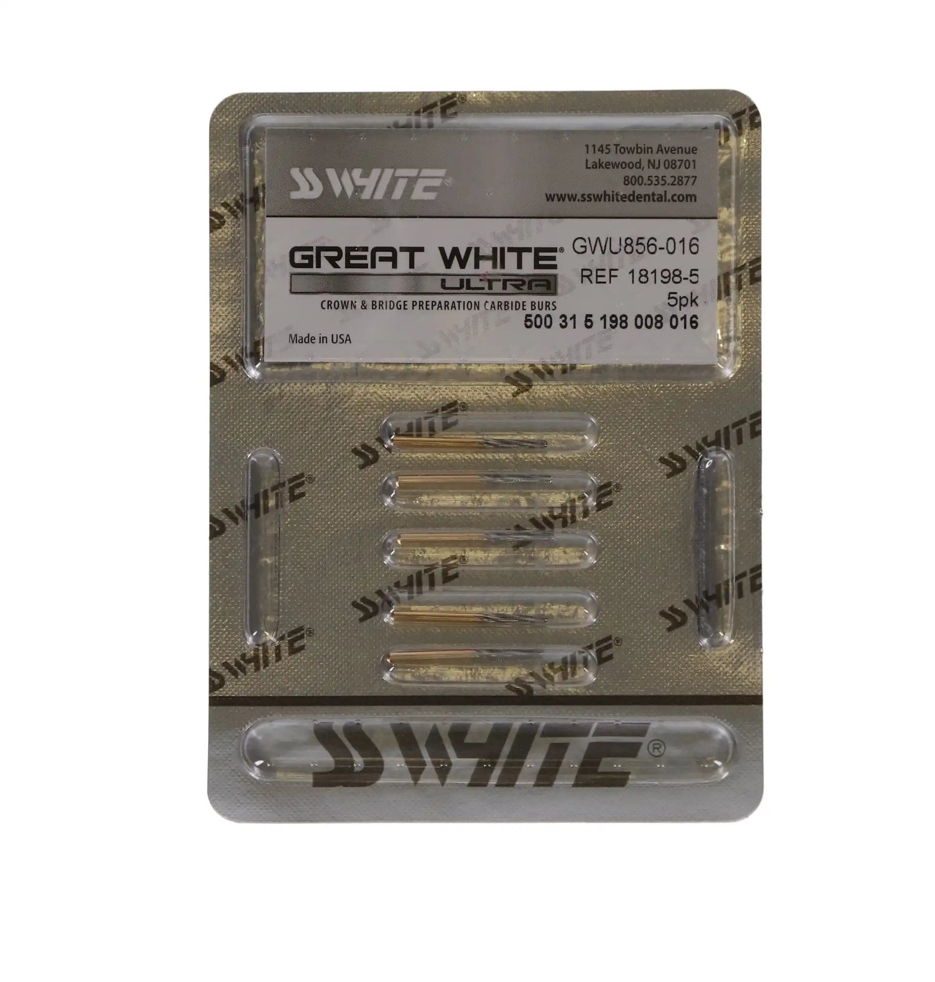 Great White Ultra Carbide Bur, FG, Round End Taper, #GWU 856-016, 1.6 mm Head Diameter, 8 mm Head Length, 5/Pkg, 18198-5 thumbnail 5