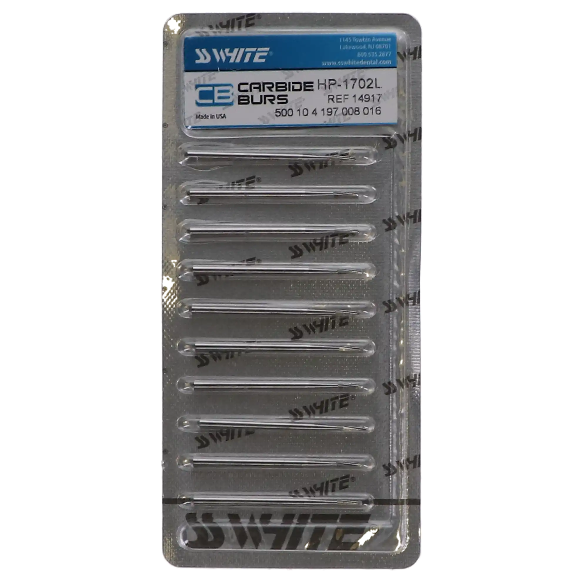 SS White Oral Surgery Carbide Bur, HP, Long Round End Taper Cross Cut Fissure, #1702L, 10/Pk, 14917 thumbnail 5