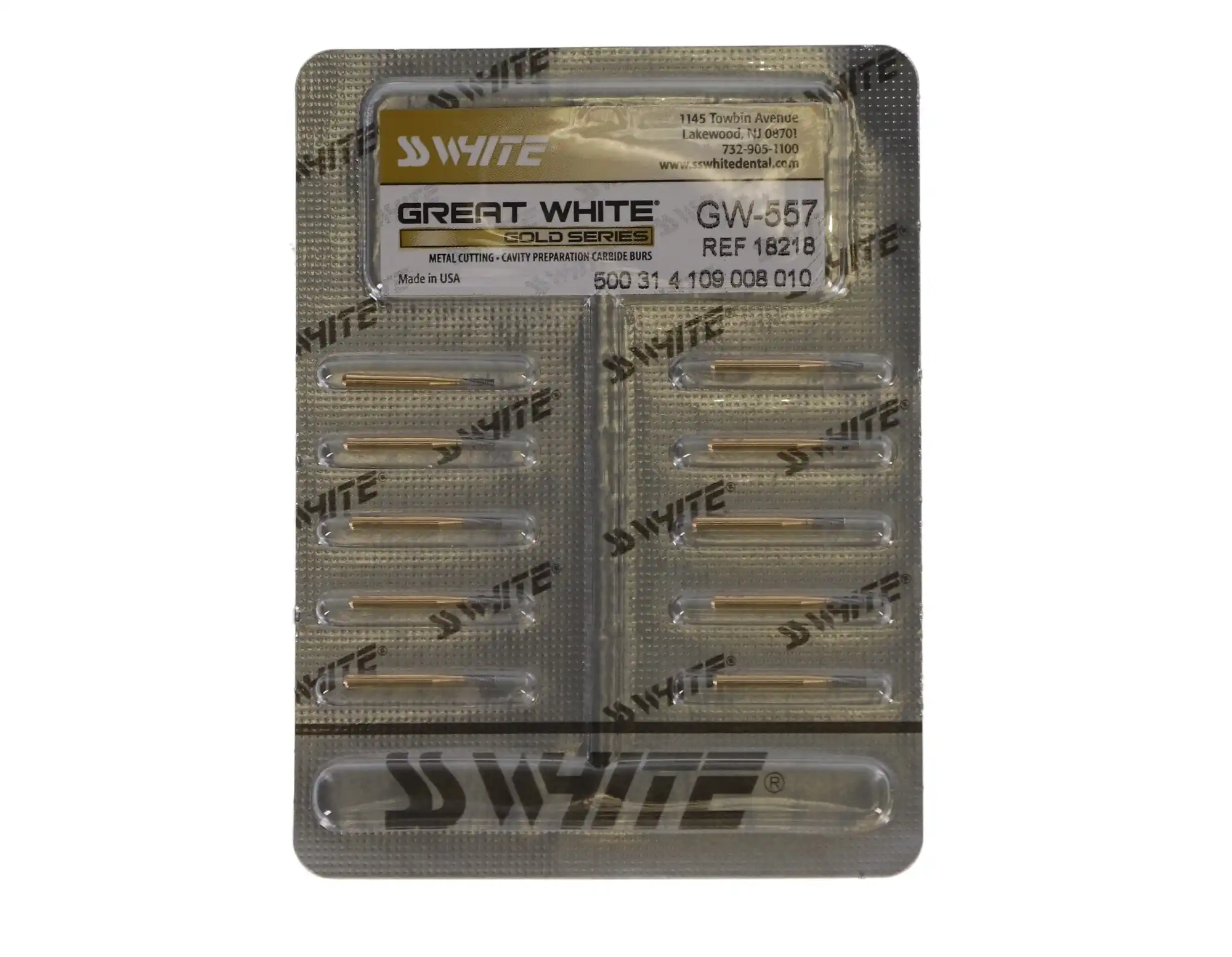 Great White Gold Series Carbide Burs, FG, Straight Cross Cut Fissure, #557, 10/Pk, 18218 thumbnail 6