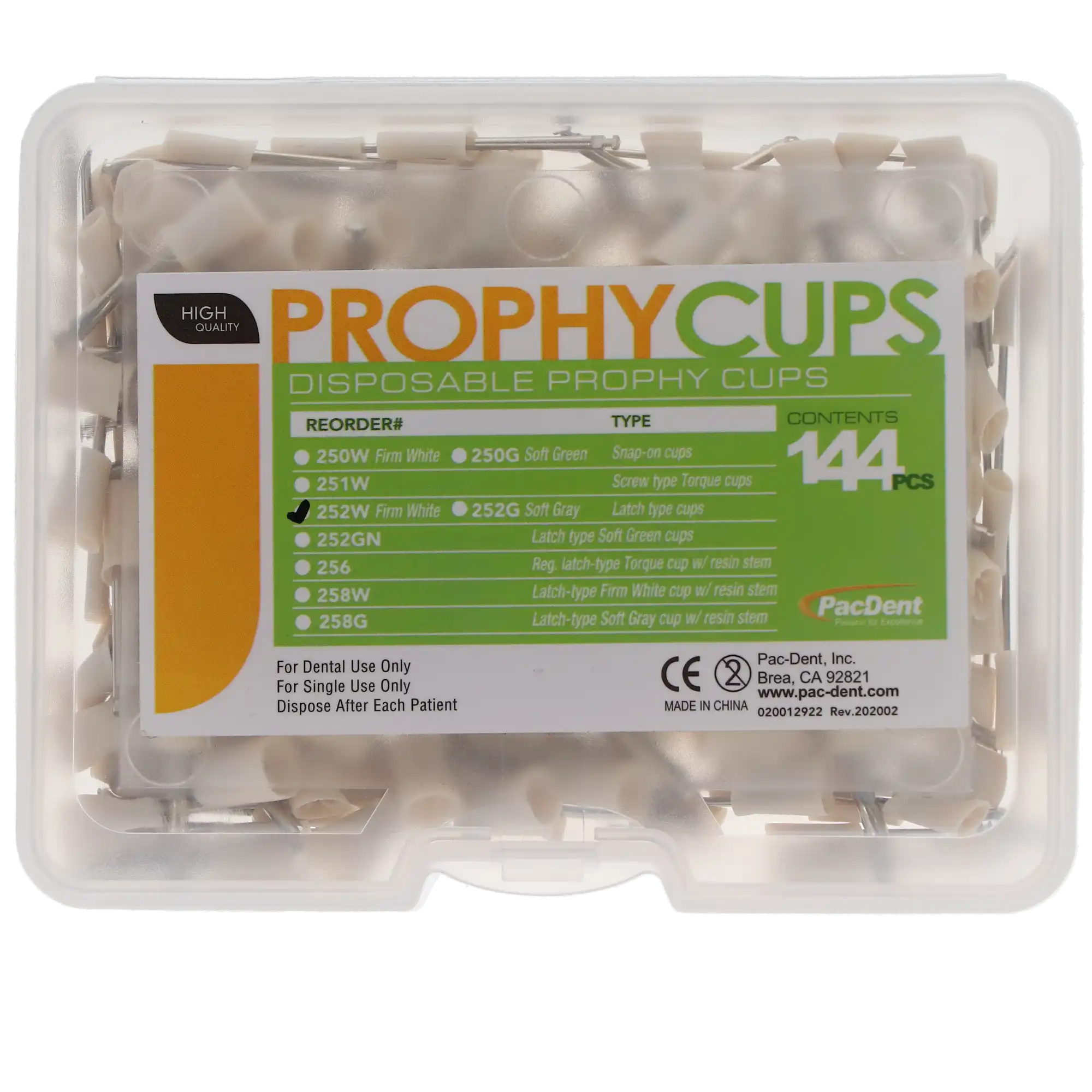 Pac-Dent Disposable Prophy Cups, Latch Type, Firm, White, Latex-Free, 144/Pk, 252W thumbnail 4