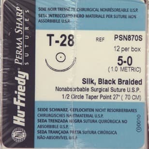 Perma Sharp Non-Absorbable Silk Black Braided Suture, 5-0, 27", T-28 Taper Point 1/2 Circle Needle 17.5mm, 12/Box, PSN870S thumbnail 4