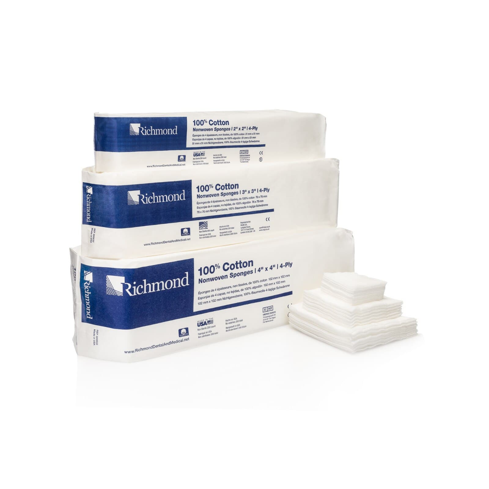 Richmond 100% Cotton Non-Woven Sponges, 4-Ply, Non-Sterile, 4" x 4", 2000/Case, 300633 thumbnail 3