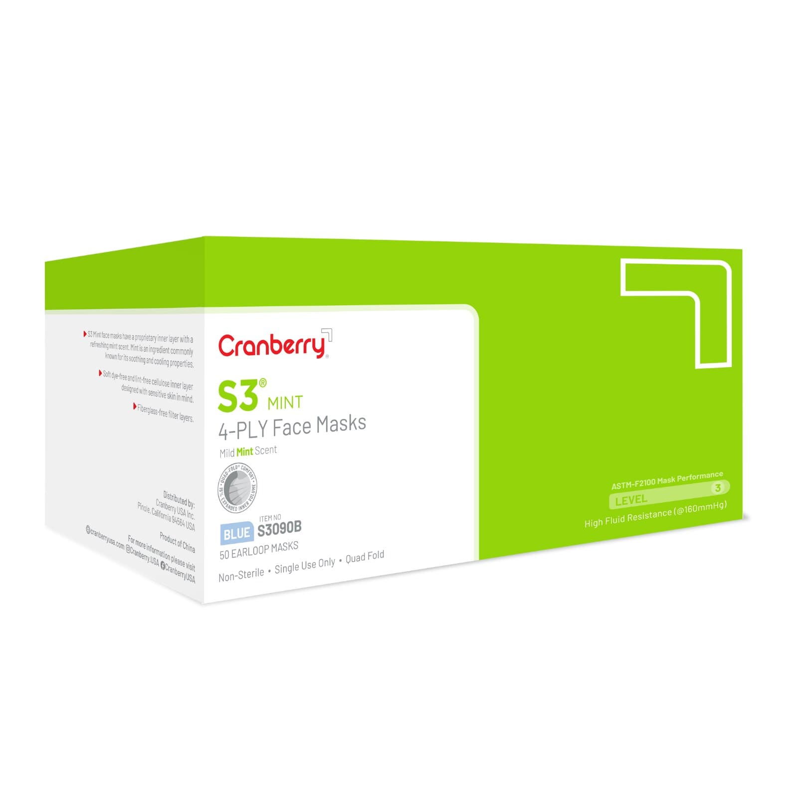 Cranberry S3 Mint Earloop Face Mask, ASTM Level 3, Blue, 50/Box, S3090B thumbnail 6