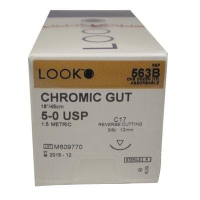 Look Chromic Gut Absorbable Suture, 5-0, 18"/45 cm, C17 Reverse Cutting Needle, 3/8 Circle, 12/Pk, 563B thumbnail 6