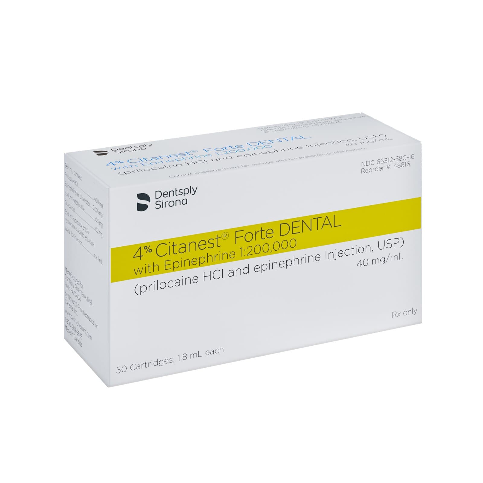 Citanest Forte 4% Prilocaine with Epinephrine 1:200,000, 1.8 mL Glass Cartridges, Yellow, 50/Box, 48816 thumbnail 7