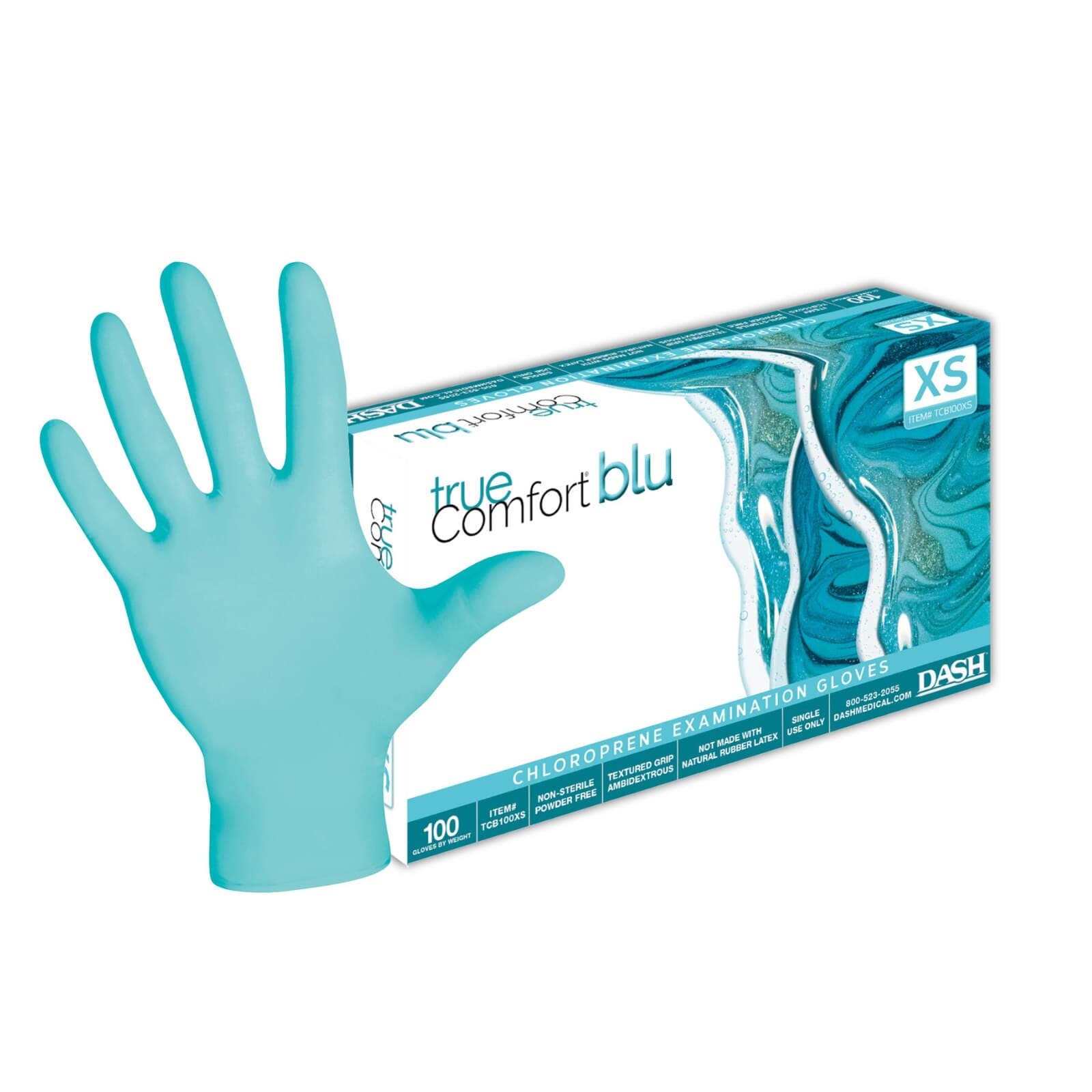 Dash True Comfort Blu Polychloroprene Exam Gloves, Powder-Free, Latex-Free, Non-Sterile, X-Large, Ocean Blue, 100/Box, TCB100XL thumbnail 7