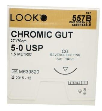 Look Chromic Gut Absorbable Suture, 5-0, 27"/70 cm, C6 Reverse Cutting Needle, 3/8 Circle, 12/Pk, 557B thumbnail 6