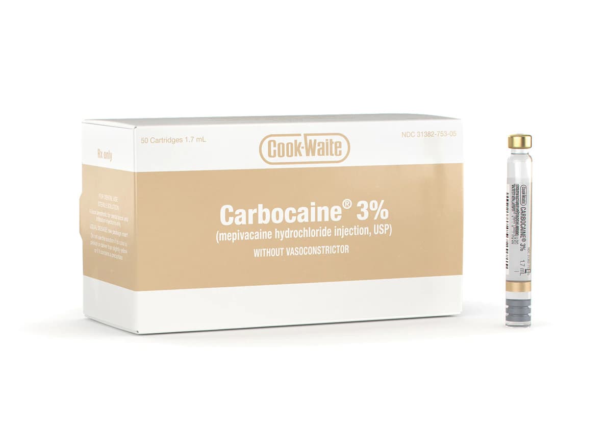 Septodont Carbocaine 3% Mepivacaine HCl Plain Local Anesthetic, 1.7 mL Cartridges, Tan, 50/Pk, SEP-99171 thumbnail 2