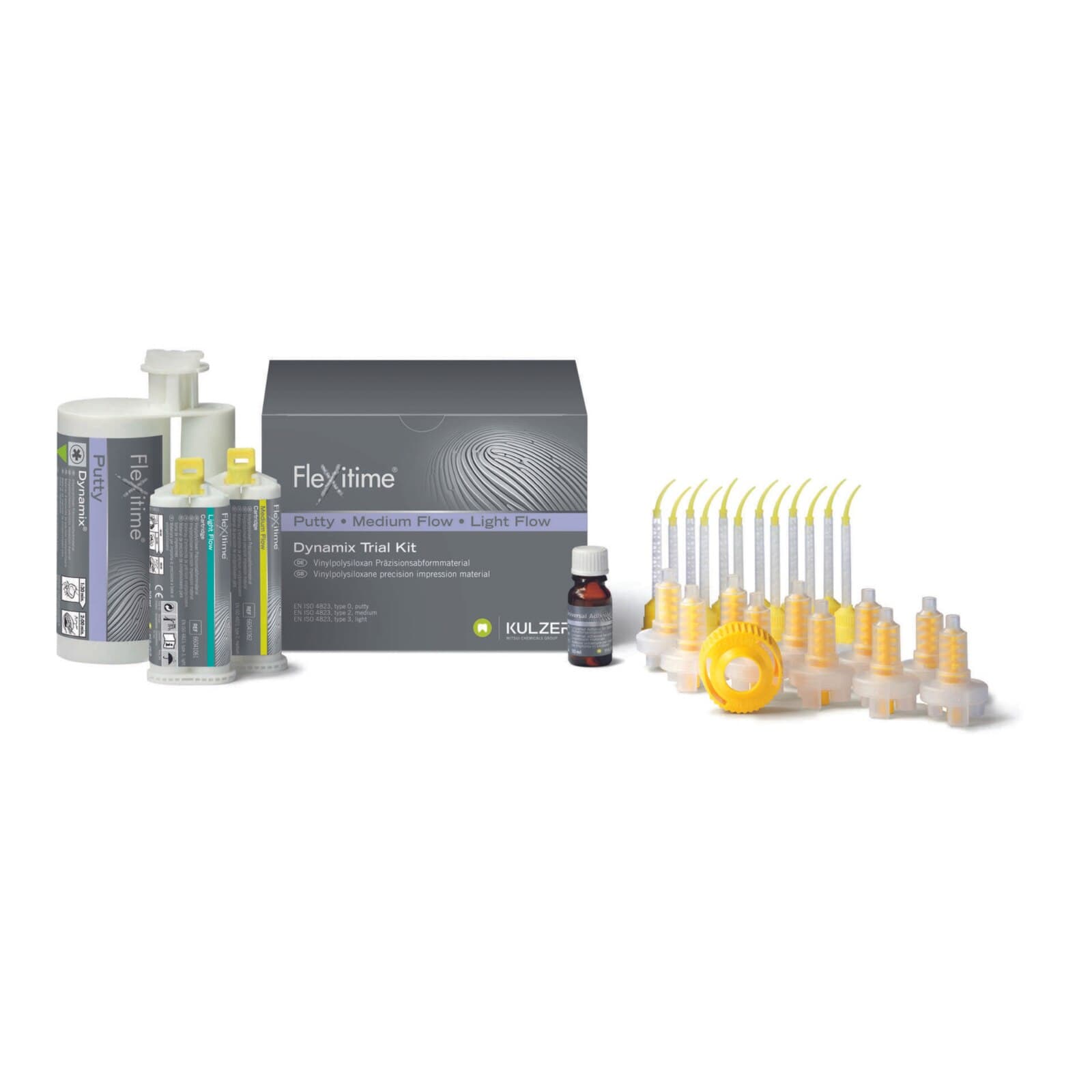 Flexitime Dynamix VPS Impression Material Putty Trial Kit, 380 mL Putty, Light & Medium Flow Cartridges, Universal Adhesive, Kulzer thumbnail 2