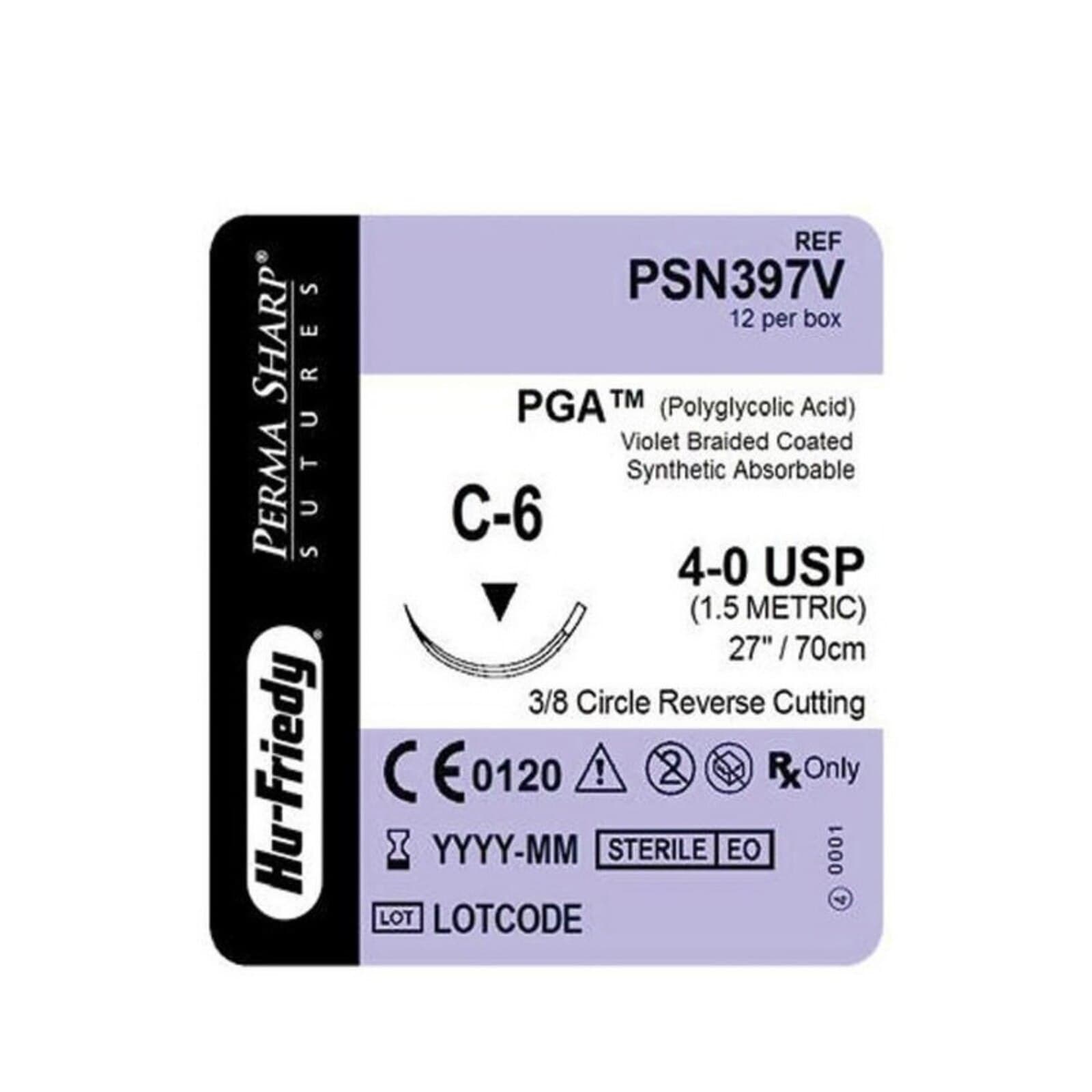 Hu-Friedy Perma Sharp PGA Absorbable Suture, 4-0, Violet, C-6 Reverse Cutting Needle, 3/8 Circle, 27", 12/Box, PSN397V thumbnail 6