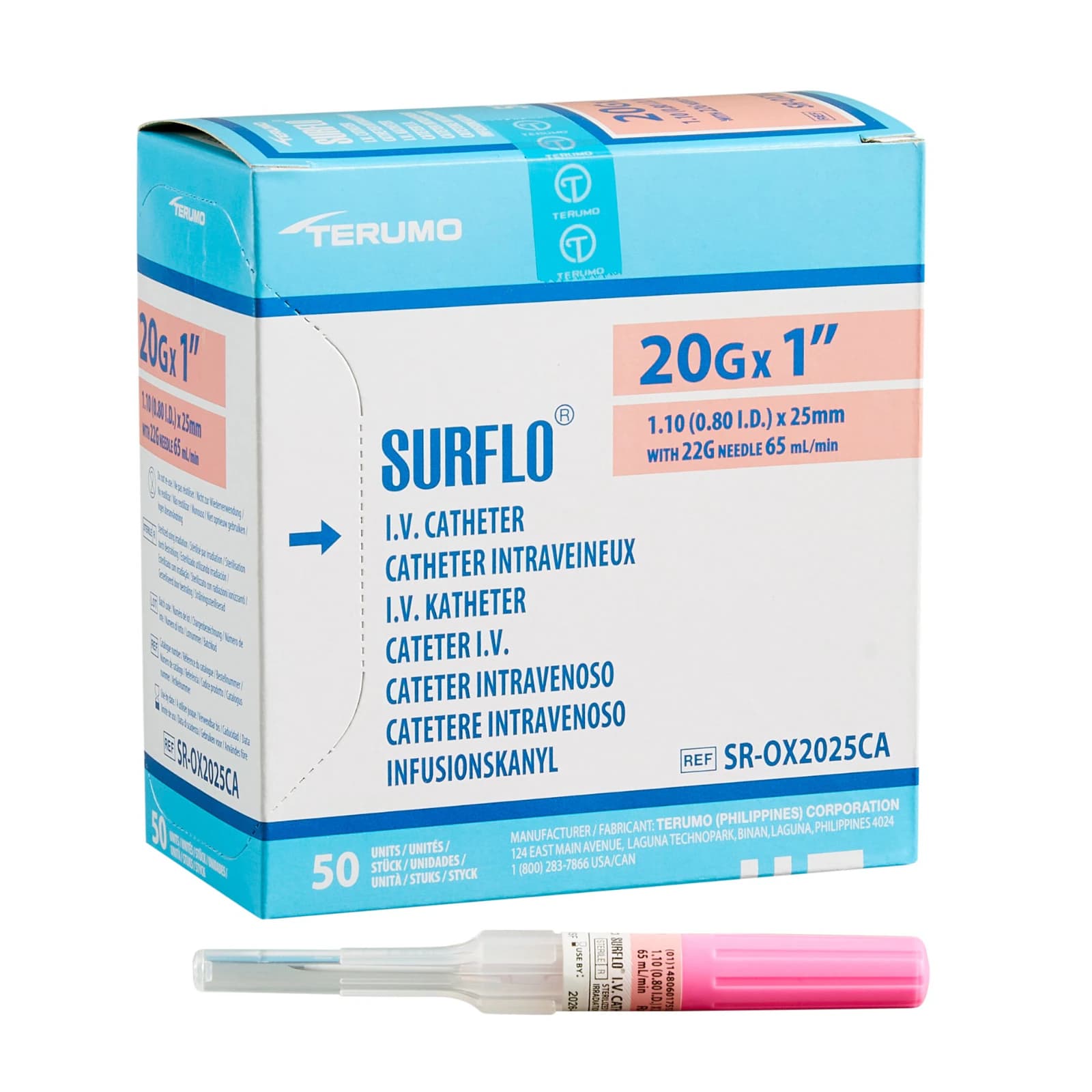 Terumo Surflo ETFE IV Catheter, 20G x 1", Pink, 50/Box, SR-OX2025CA - Surflo ETFE IV Catheter 20G x 1" 50/Pk Pink - Image 1