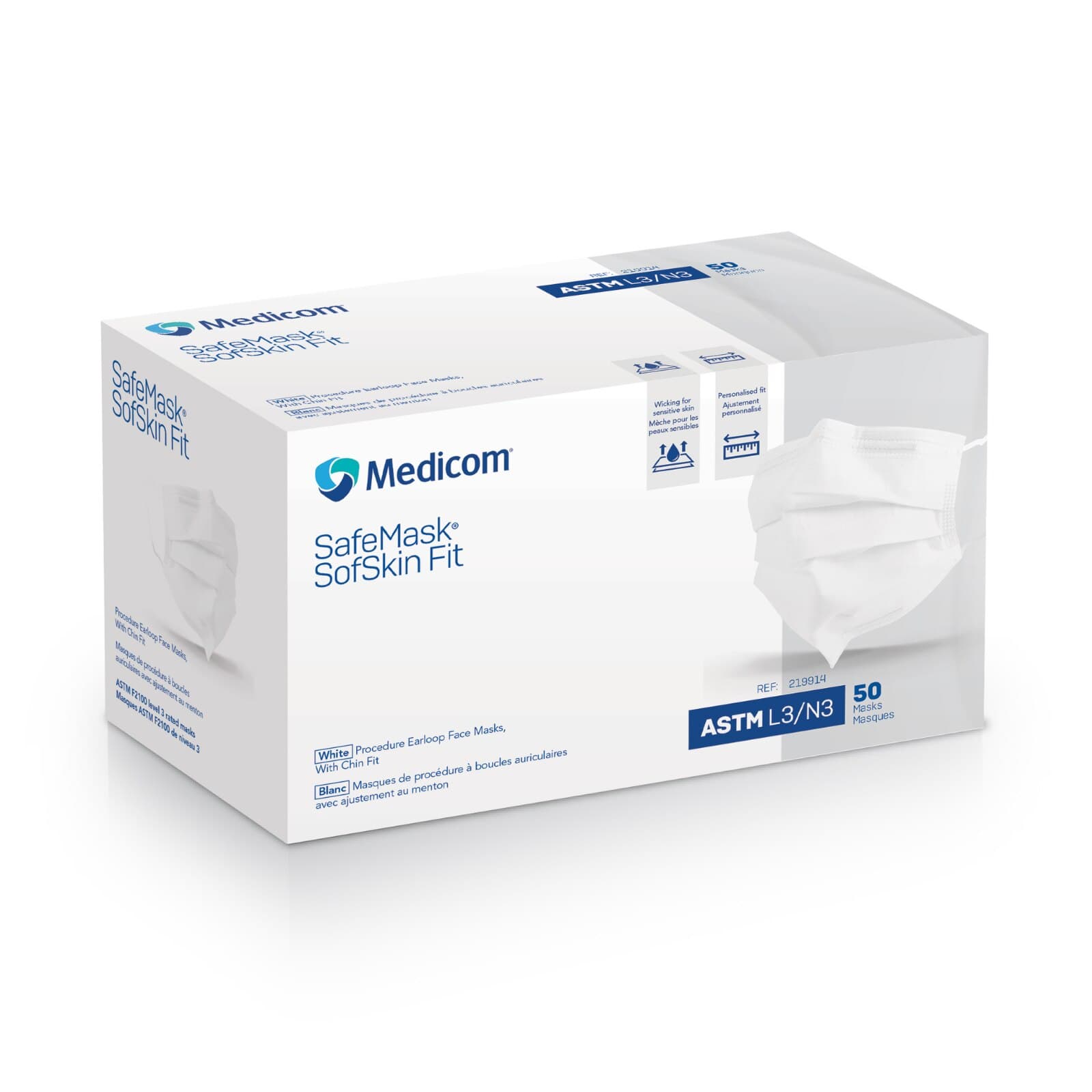 SafeMask SofSkin Fit Procedure Earloop Face Mask with Chin Fit, ASTM Level 3, White, 50/Box, 219914 thumbnail 3