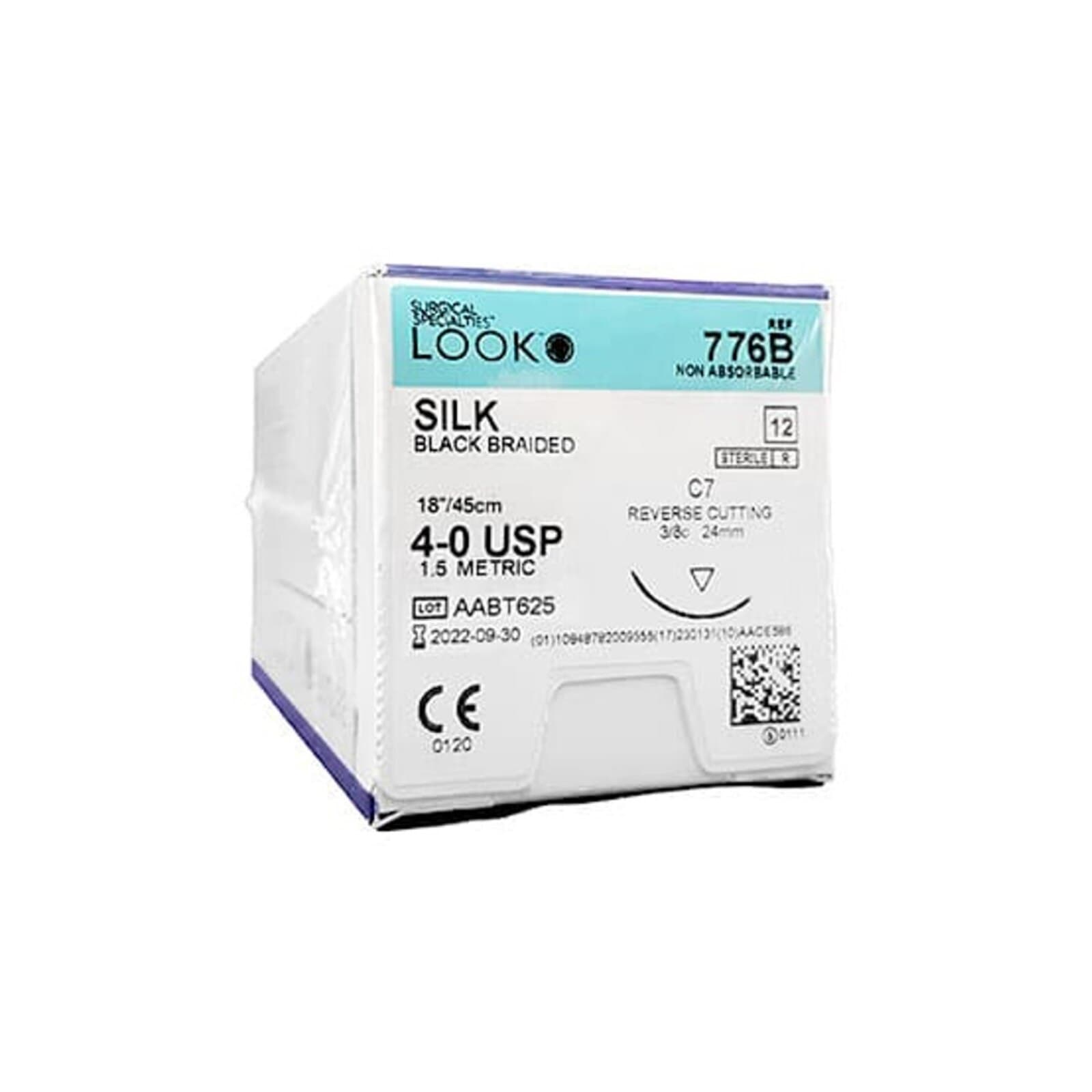 Look Silk Black Braided Non-Absorbable Suture, 4-0, 18"/45 cm, C7 Reverse Cutting Needle (3/8 Circle, 24mm), 12/Box, 776B thumbnail 3