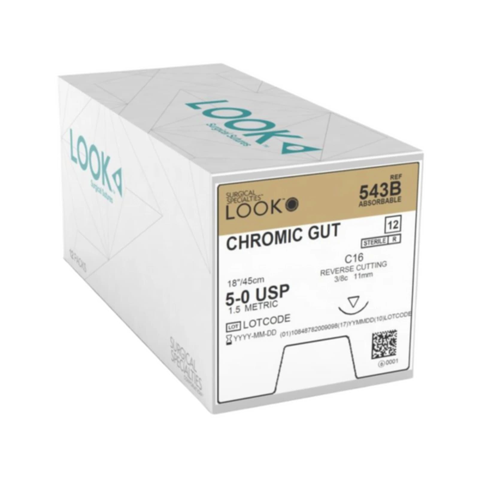 Look Chromic Gut Absorbable Suture, 5-0, 18" (45 cm), C-16 Reverse Cutting Needle, 3/8 Circle, 12/Box, 543B thumbnail 2