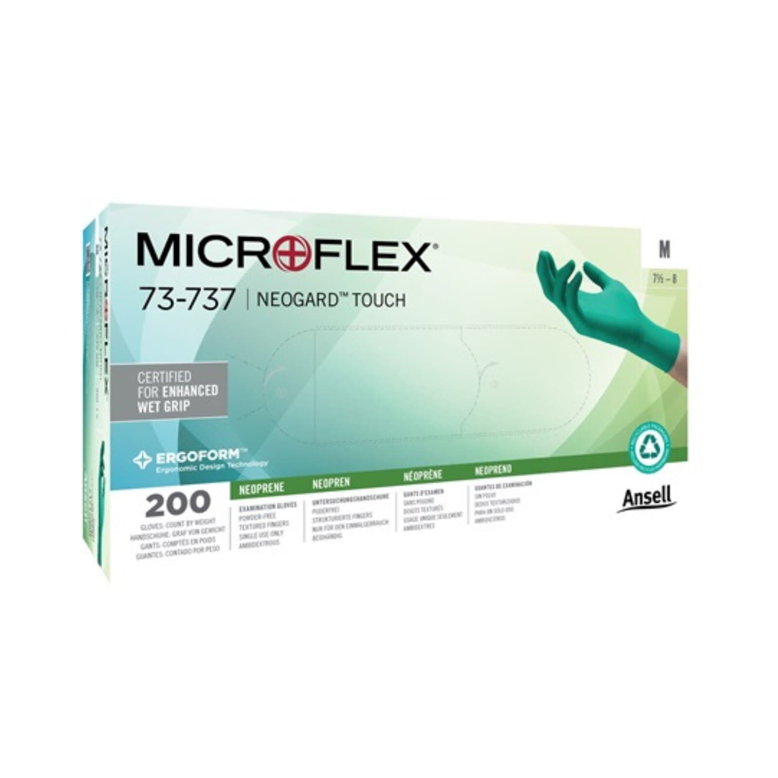Microflex Neogard TOUCH 73-737 Neoprene Exam Gloves, Powder-Free, Latex-Free, Textured Fingertips, Green, X-Large, 180/Box thumbnail 2