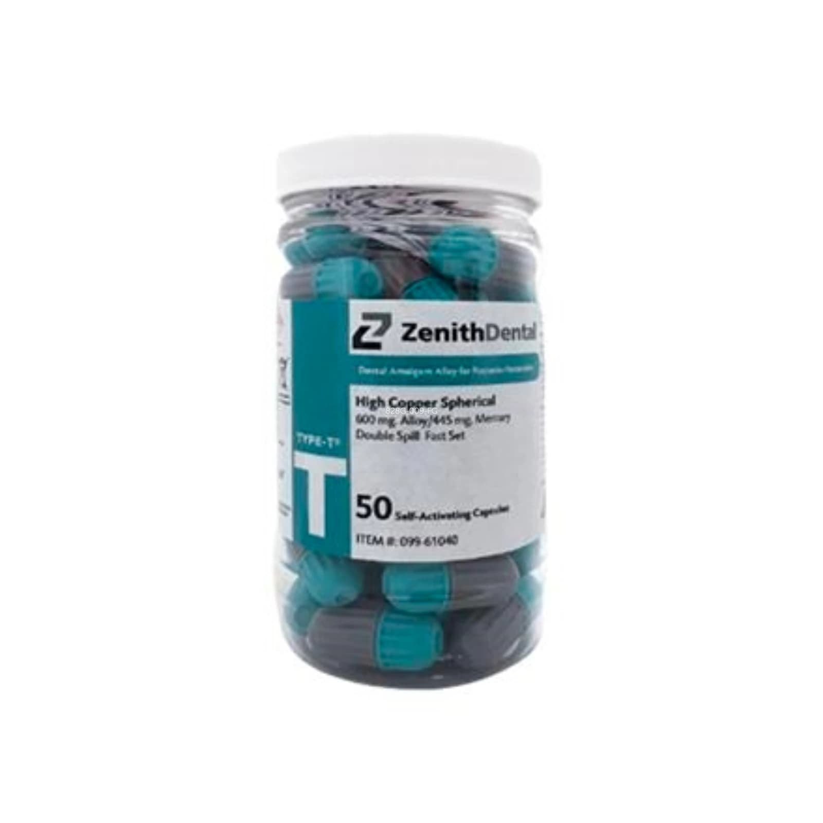 Zenith Type-T Spherical Amalgam Alloy, Fast Set, Triple Spill, 800 mg, Aqua/White Capsules, 50/Box, 61041 - Type-T 3-Spill Spherical Alloy (50) - Image 1