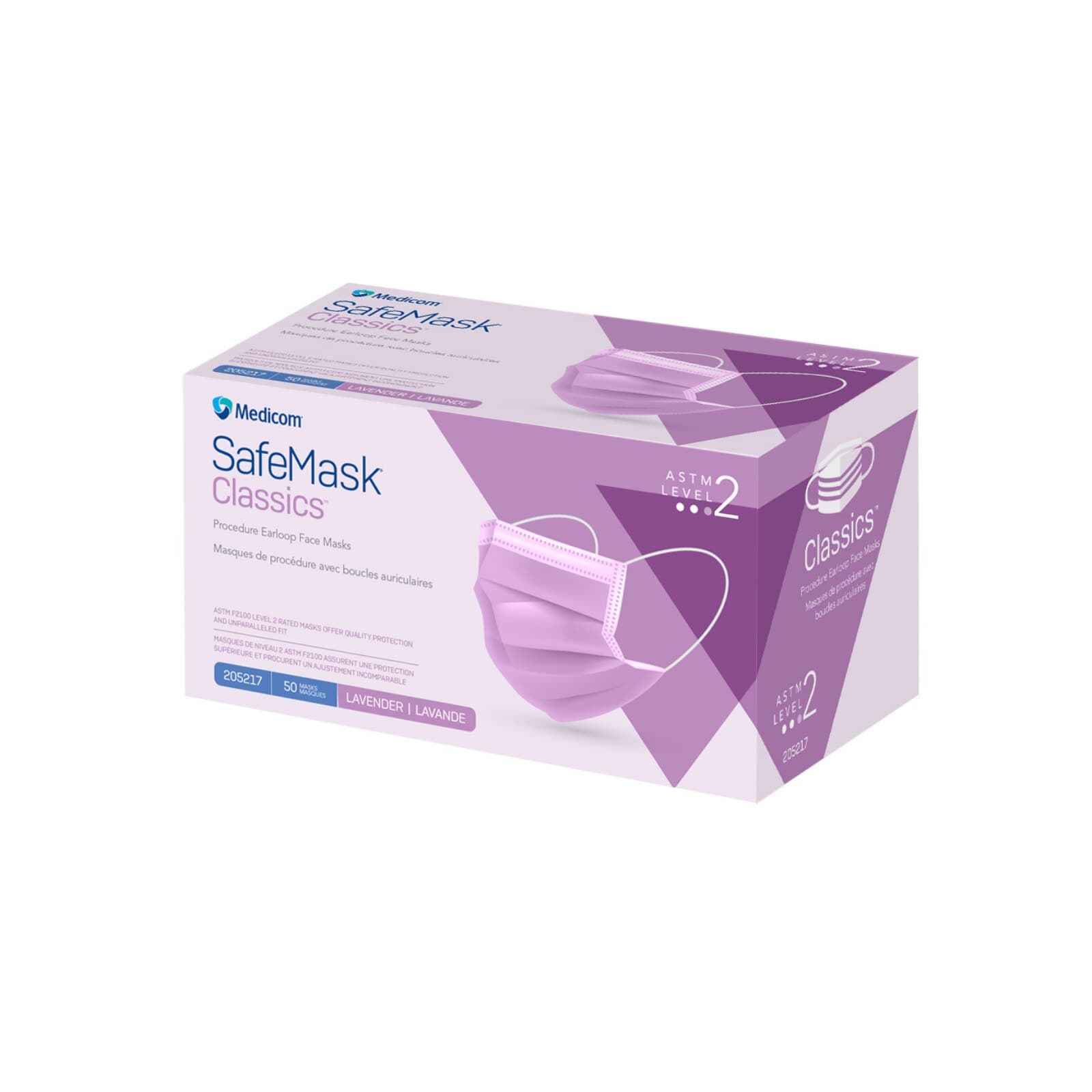 SafeMask Classics Procedure Earloop Face Mask, ASTM Level 2, Lavender, 50/Box, 205217 thumbnail 3