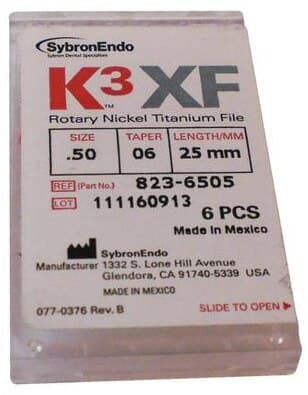 K3 XF NiTi Rotary File, #50/.06 Taper, 25mm, Yellow, 6/Pk, 823-6505 thumbnail 3