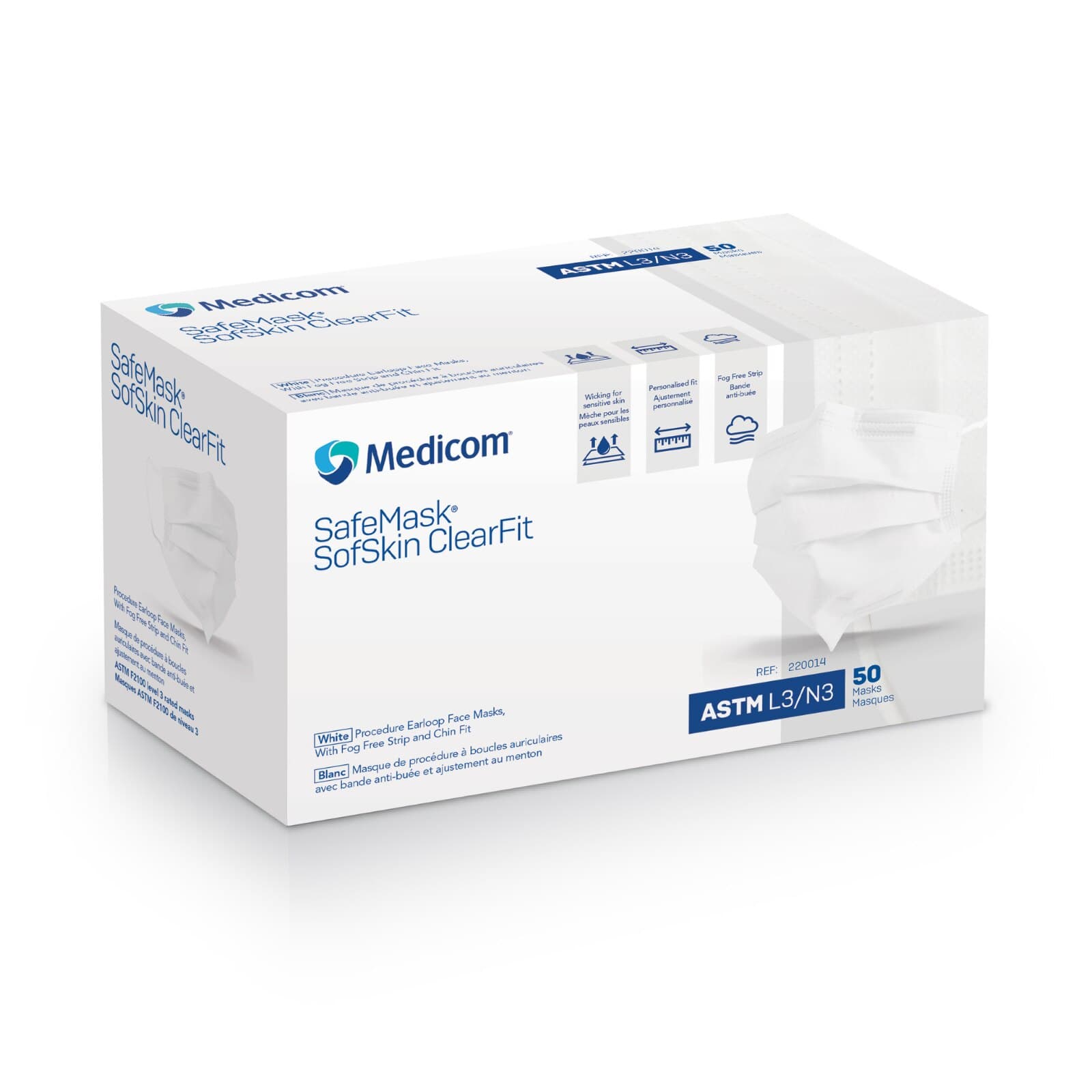 SafeMask SofSkin ClearFit Procedure Earloop Face Mask, ASTM Level 3, White, Fog-Free Strip & Chin Fit, 50/Box, 220014 thumbnail 2