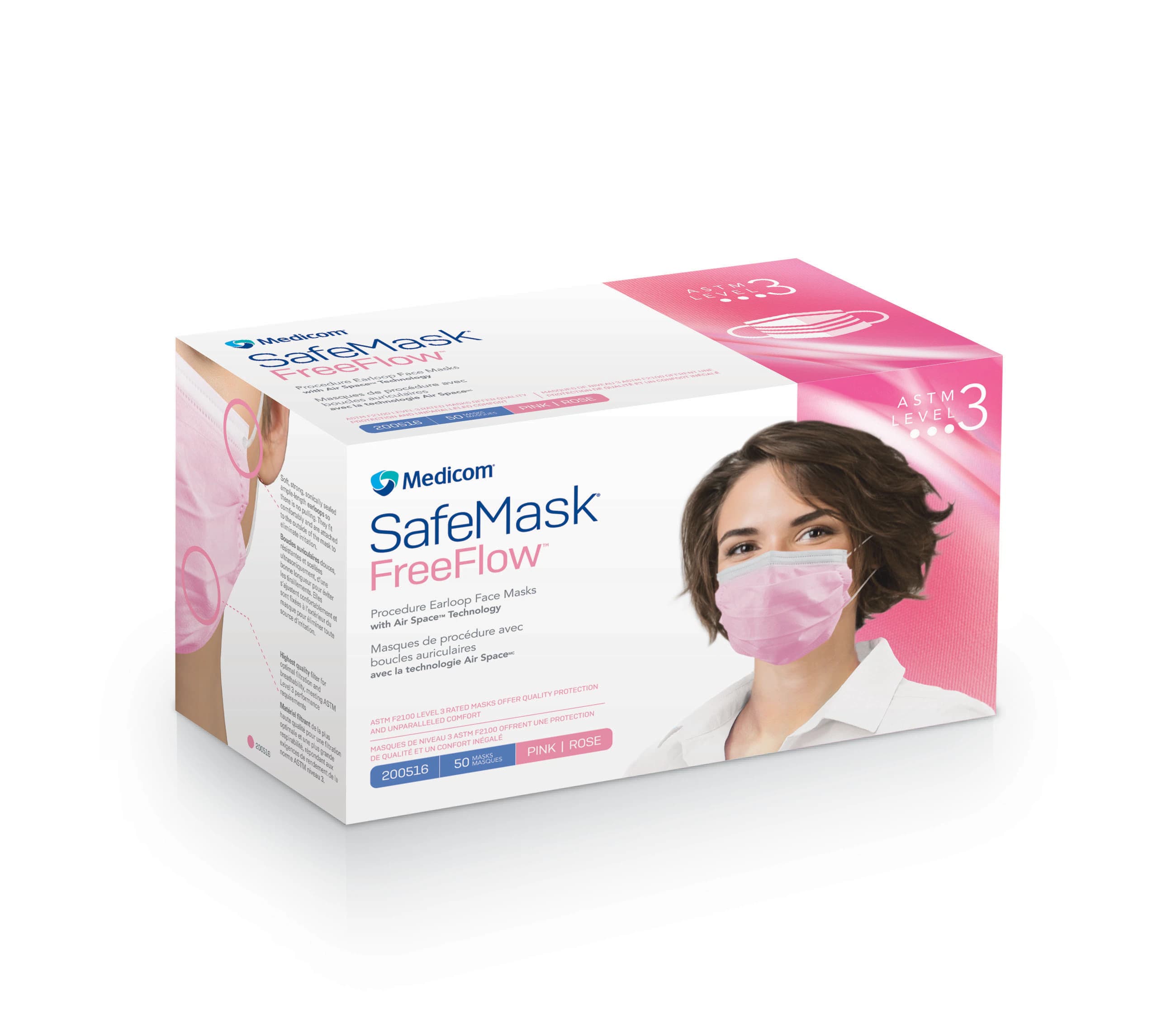SafeMask FreeFlow Procedure Earloop Face Mask, ASTM Level 3, Pink, 50/Box, 200516 thumbnail 7