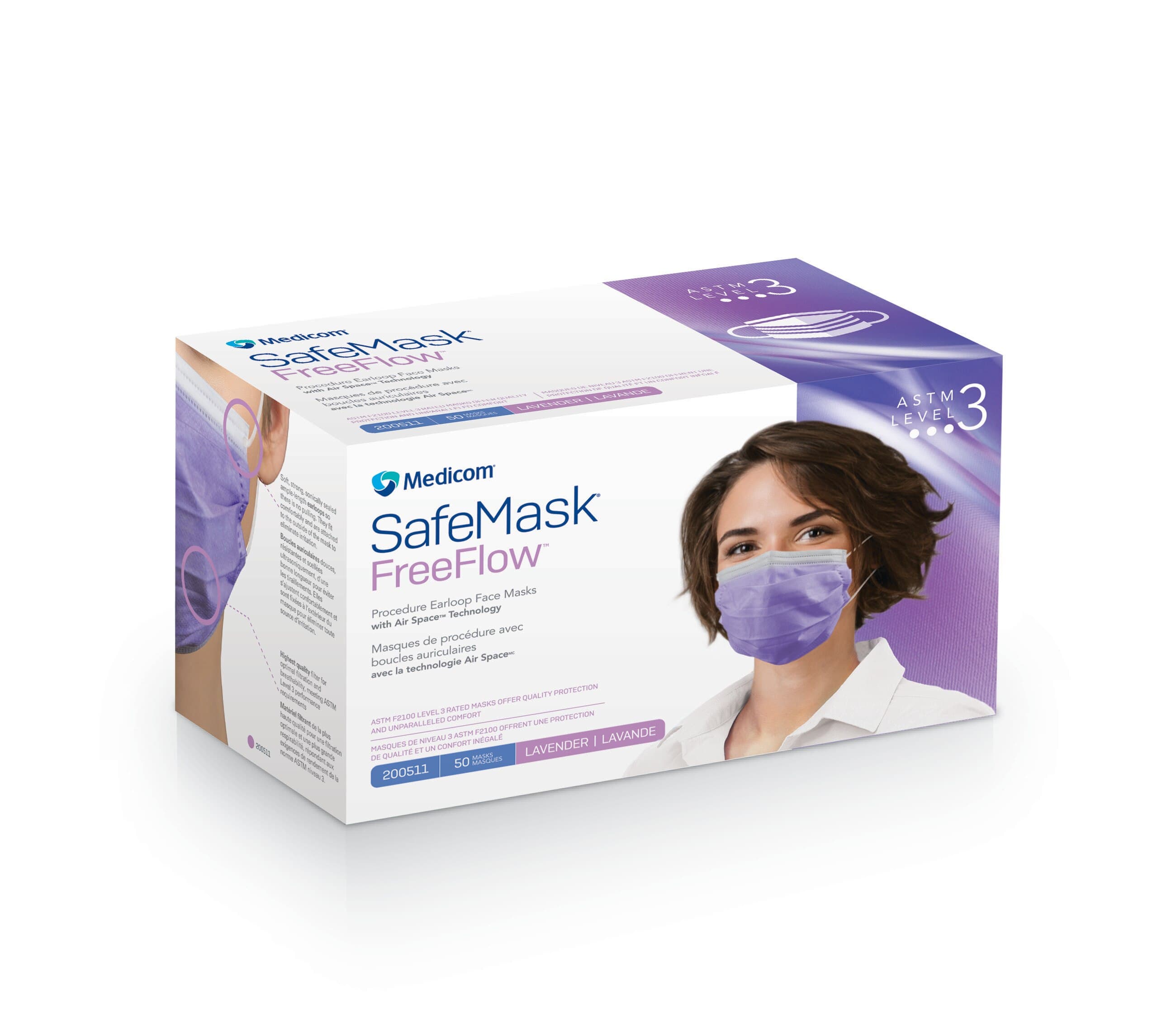 SafeMask FreeFlow Earloop Procedure Face Mask, ASTM Level 3, Fog-Free Strip, Lavender, 50/Box, 200511 thumbnail 16
