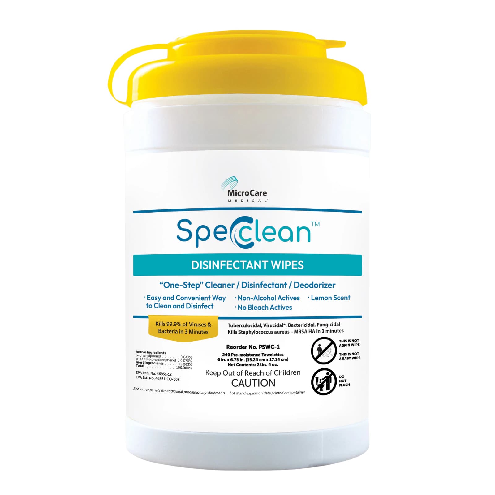 Spec Clean Disinfectant Wipes, 6" x 6.75", 240 Wipes/Canister, Lemon Scented, Alcohol-Free, PSWC-1 thumbnail 2
