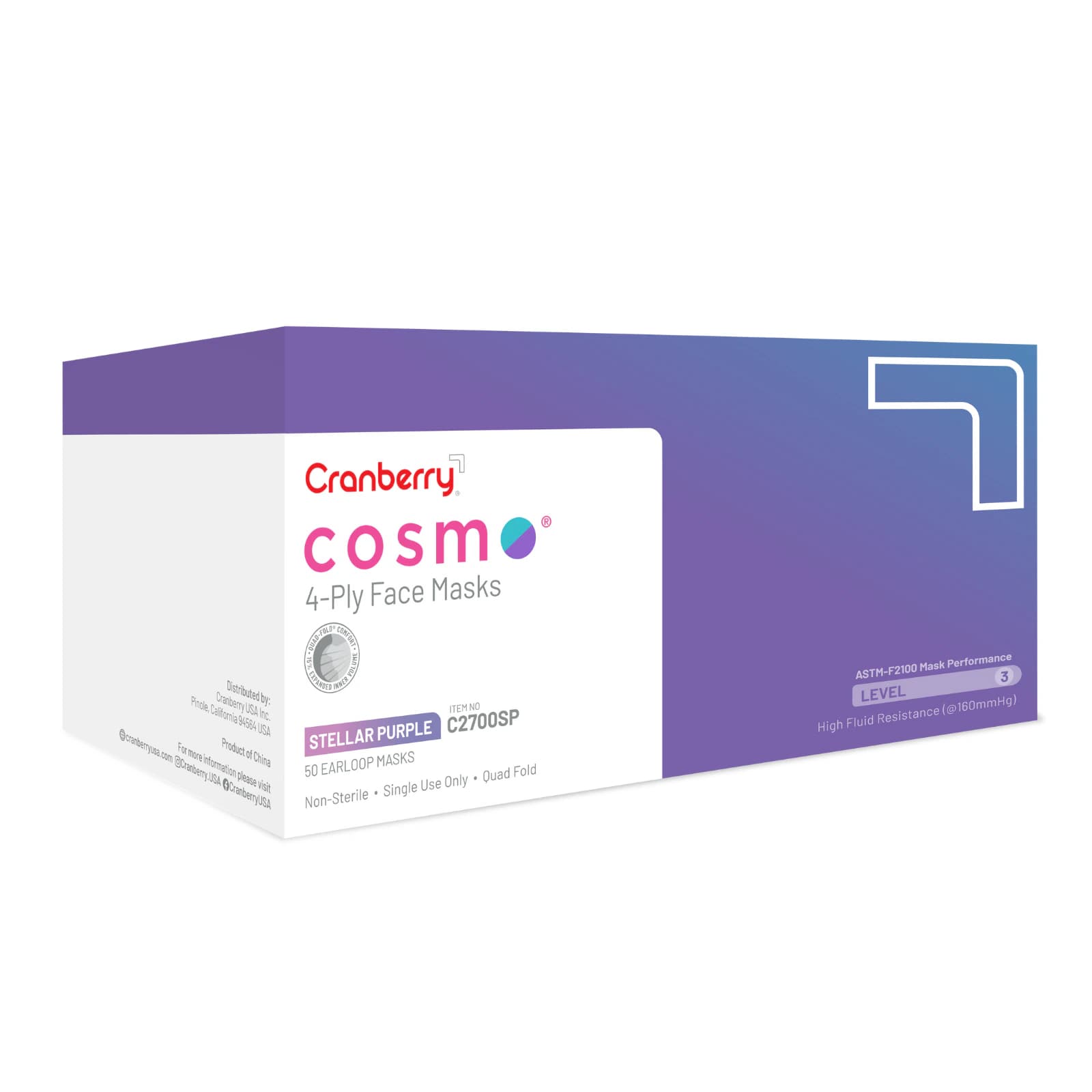 Cranberry Cosmo 4-Ply ASTM Level 3 Earloop Procedure Face Mask, Stellar Purple, 50/Box, C2700SP thumbnail 12