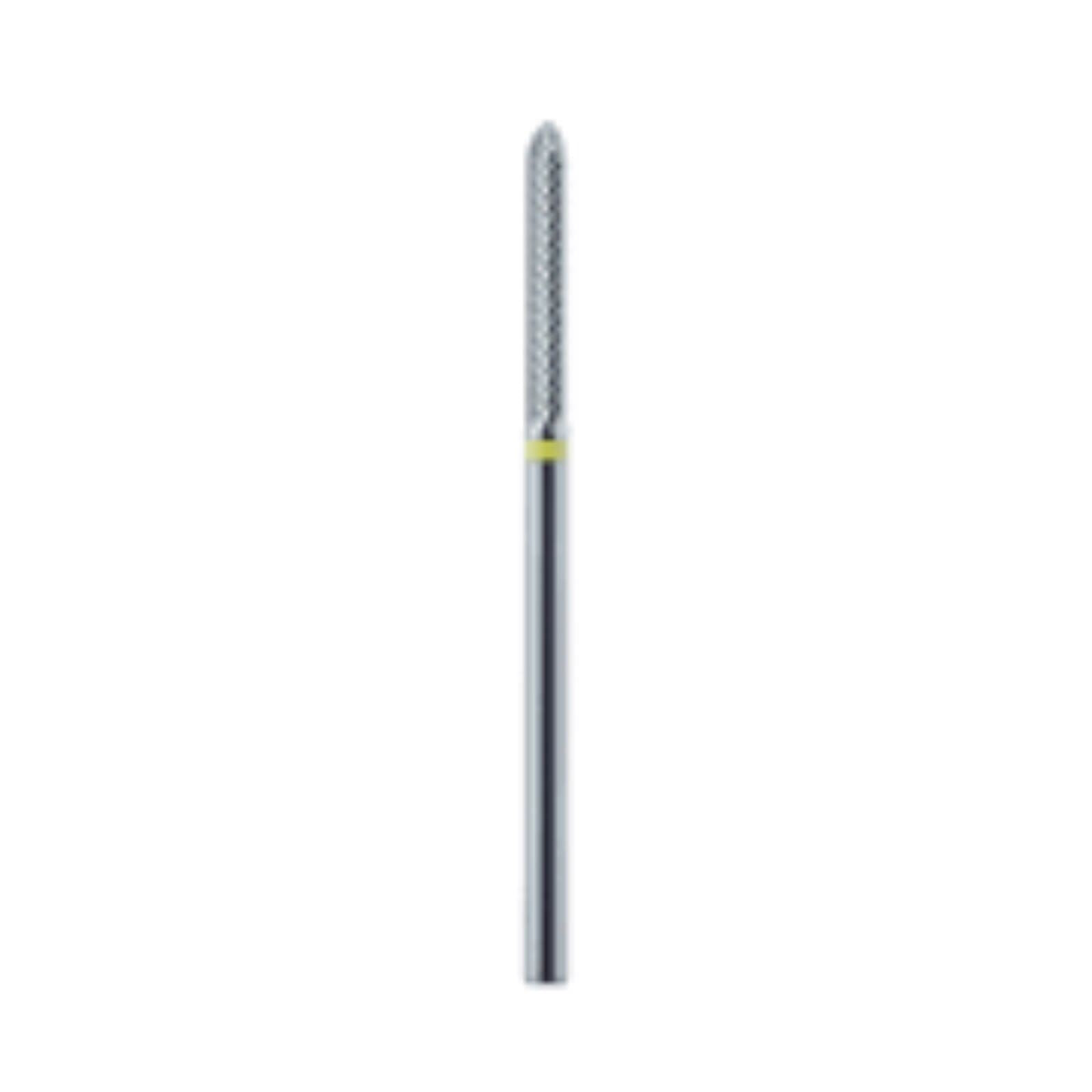Meisinger Tungsten Carbide Cutter, X-Cut Extra Fine, Yellow Ring, Torpedo Bevel, HP, 2.3mm Diameter, 14.0mm Head Length, HM487EX-023 thumbnail 2