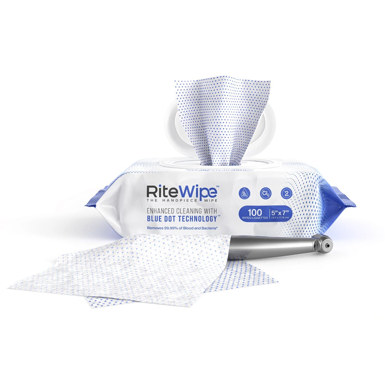 RiteWipe Handpiece Cleaning Wipes, 5" x 7", Blue Dot Technology, Alcohol & Chloride Free, 100 Wipes/Pouch, 121100 thumbnail 2