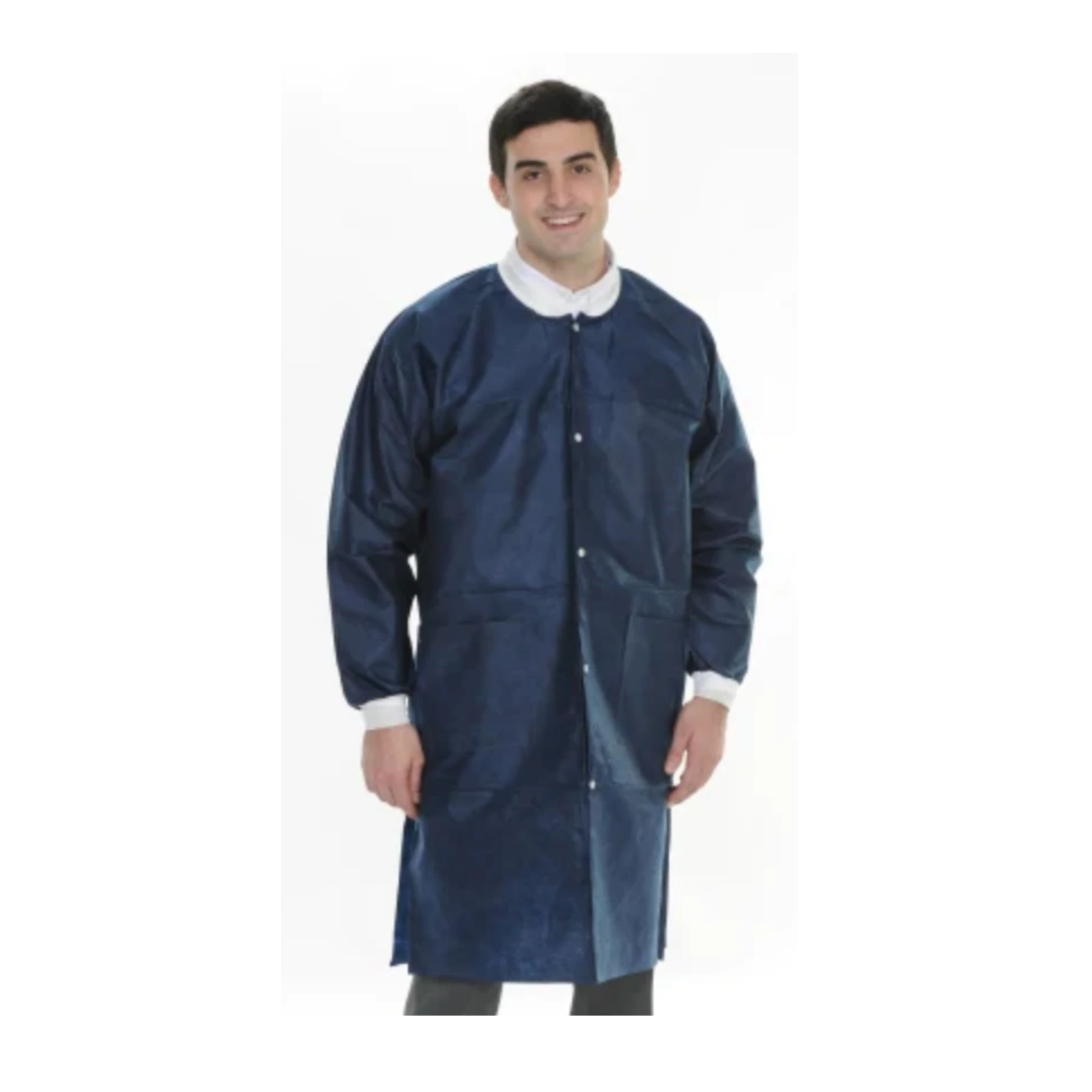 ValuMax Extra-Safe Lab Coat, Navy Blue, Small, Knee-Length, 3-Layer SMS, Snap Front, Knit Cuffs, 10/Pk - Extra-Safe Lab Coat Navy Blue 10/Pk Small - Image 1