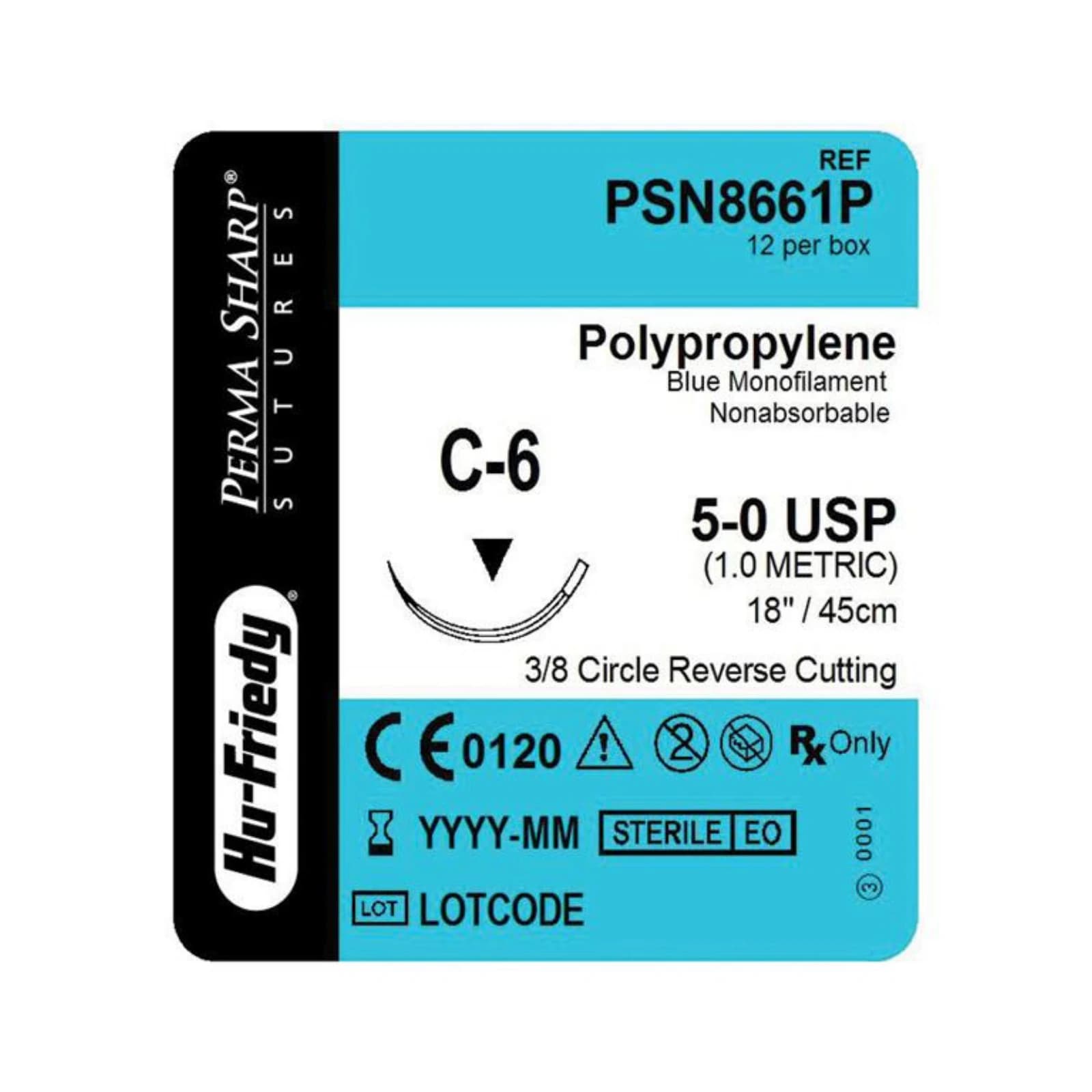 Hu-Friedy Perma Sharp Non-Absorbable Polypropylene Suture, 5-0, Blue, 18", C-6 Needle, 3/8 Circle Reverse Cutting, 12/Box, PSN8661P thumbnail 3