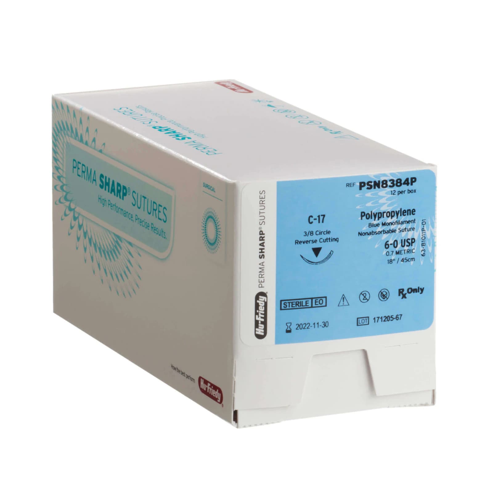Hu-Friedy Perma Sharp Non-Absorbable Blue Polypropylene Suture, 5-0, 18", C-4 1/2 Circle Reverse Cutting Needle, 12/Box thumbnail 2