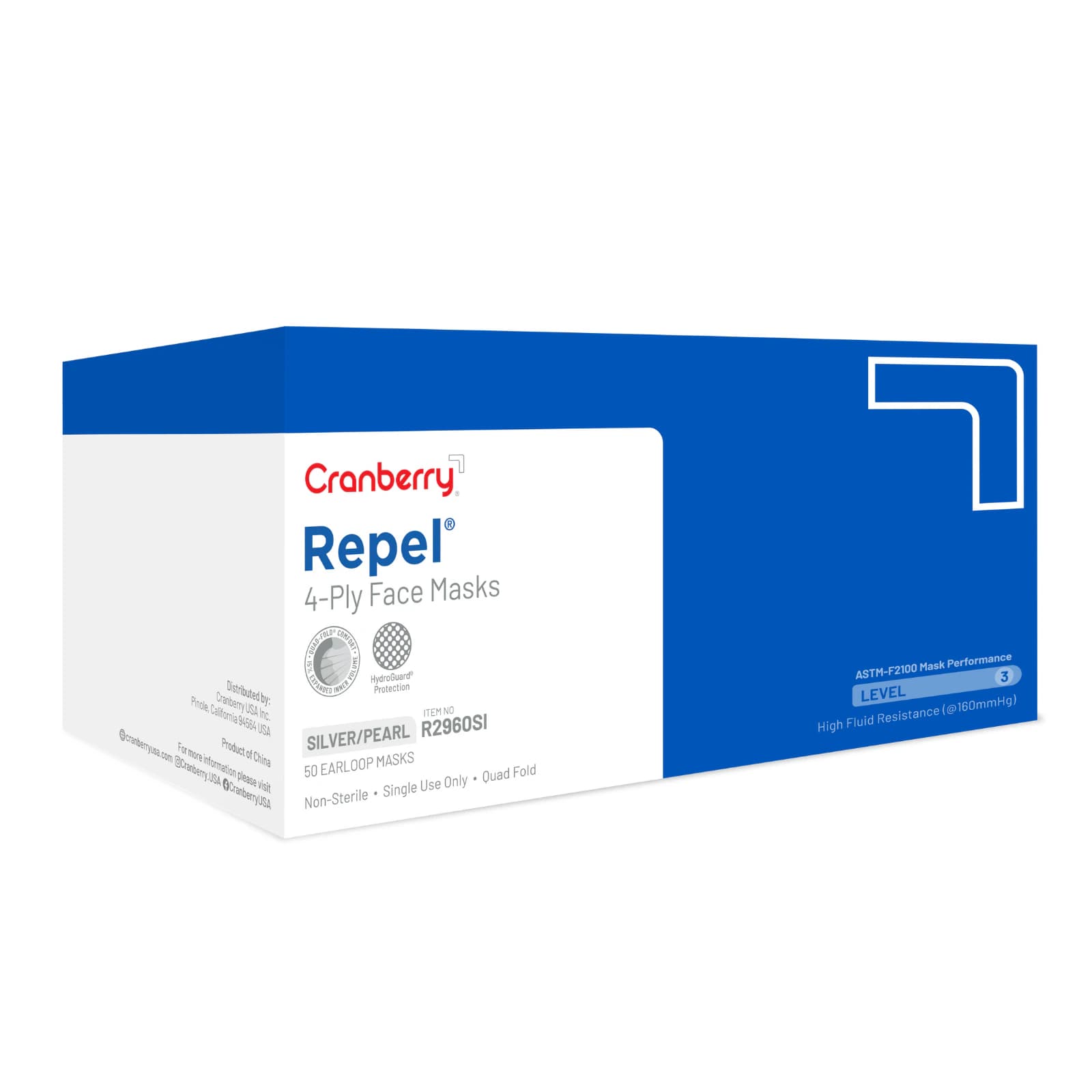 Cranberry Repel 4-Ply Earloop Procedure Face Mask, ASTM Level 3, Pearl Silver, One Size Fits Most, 50/Box, R2960SI thumbnail 18