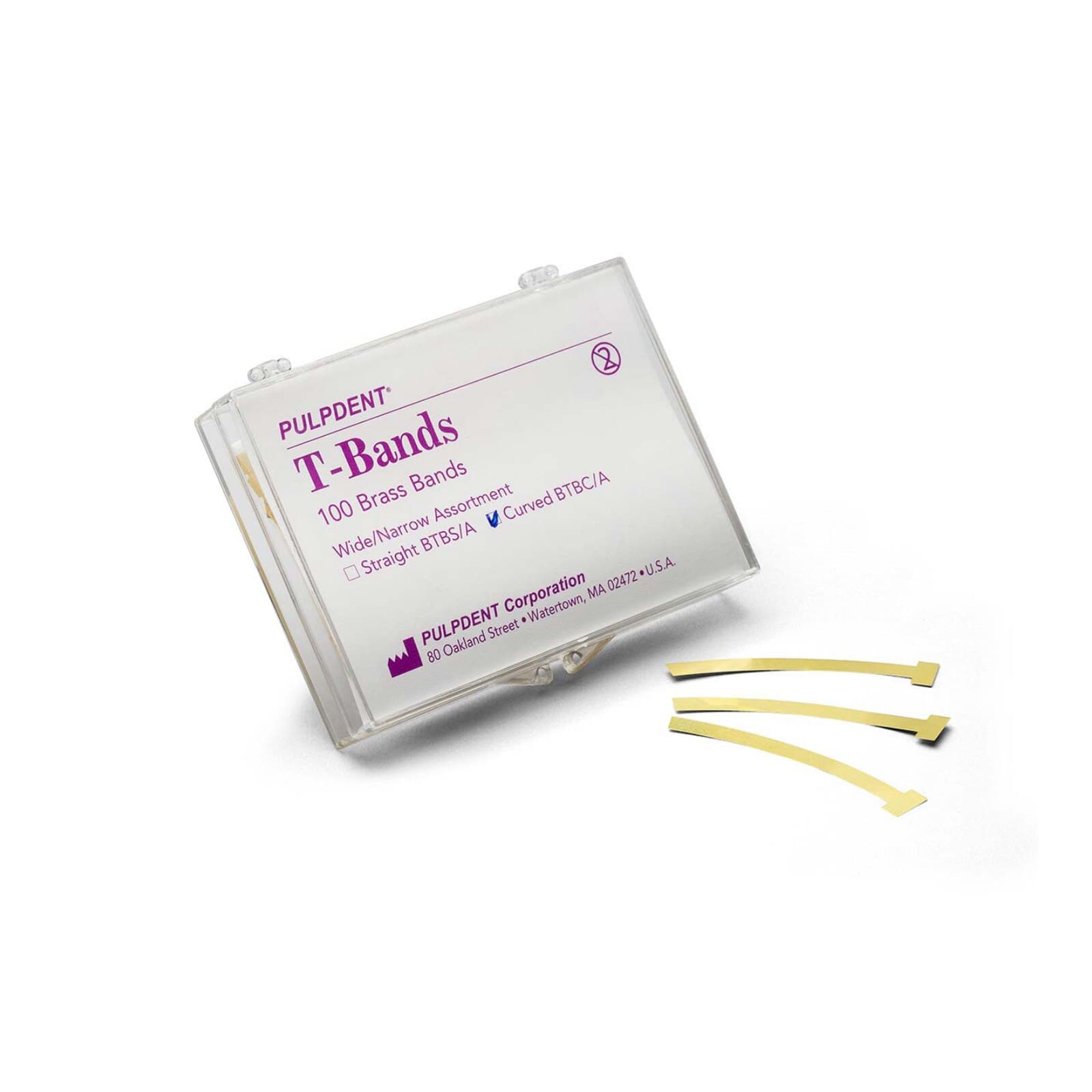 Pulpdent "T" Type Matrix Bands, Brass, Curved, Assorted, 0.002"/0.05mm Thick, 100/Box, BTBC/A thumbnail 2