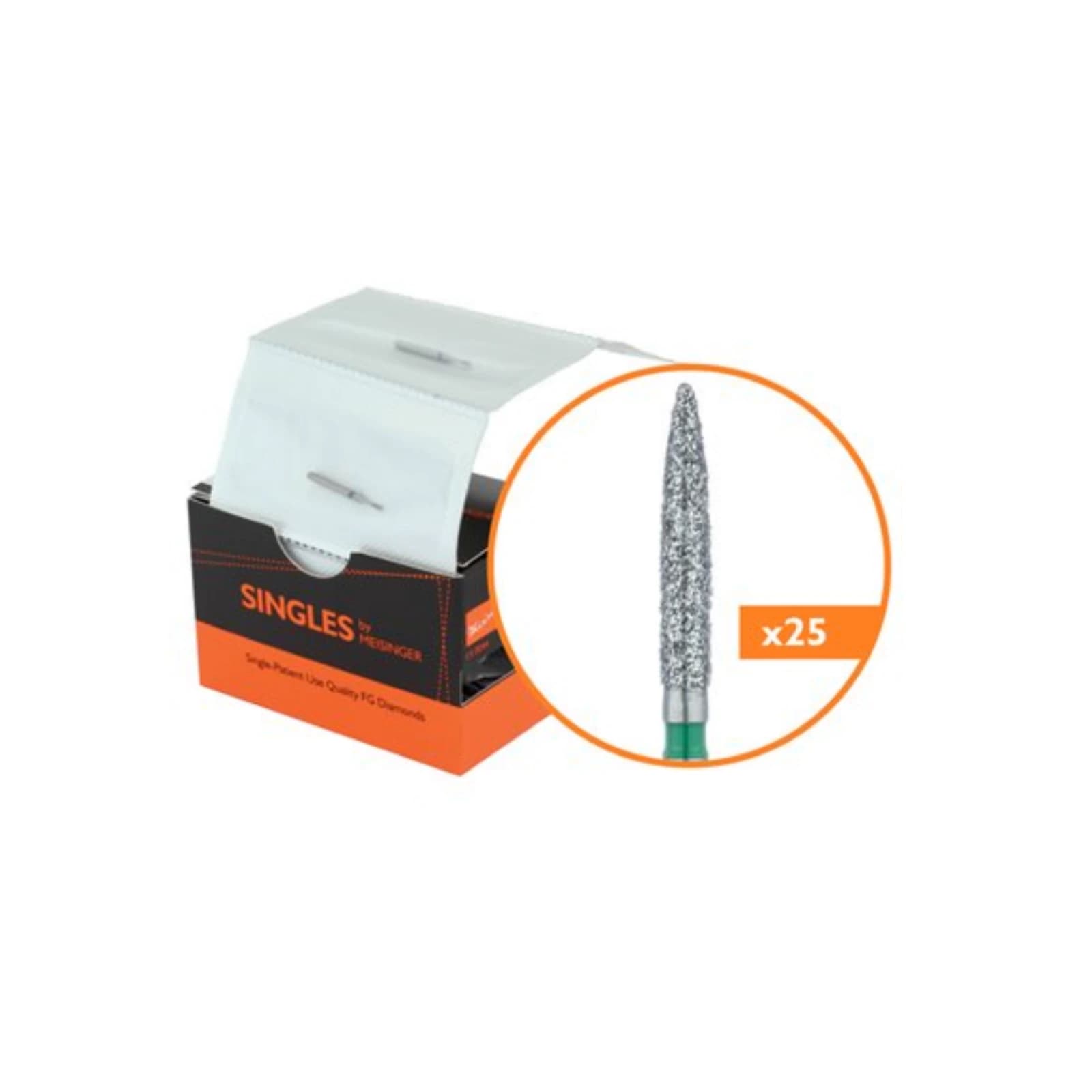 Meisinger Singles Disposable Diamond Bur, FG, Flame, Coarse, Green, 1.8mm Diameter, 10mm Length, #1518.9C, 25/Pk - Meisinger Diamonds Single-Use Sterile 1518.9C 25/Pk - Image 1