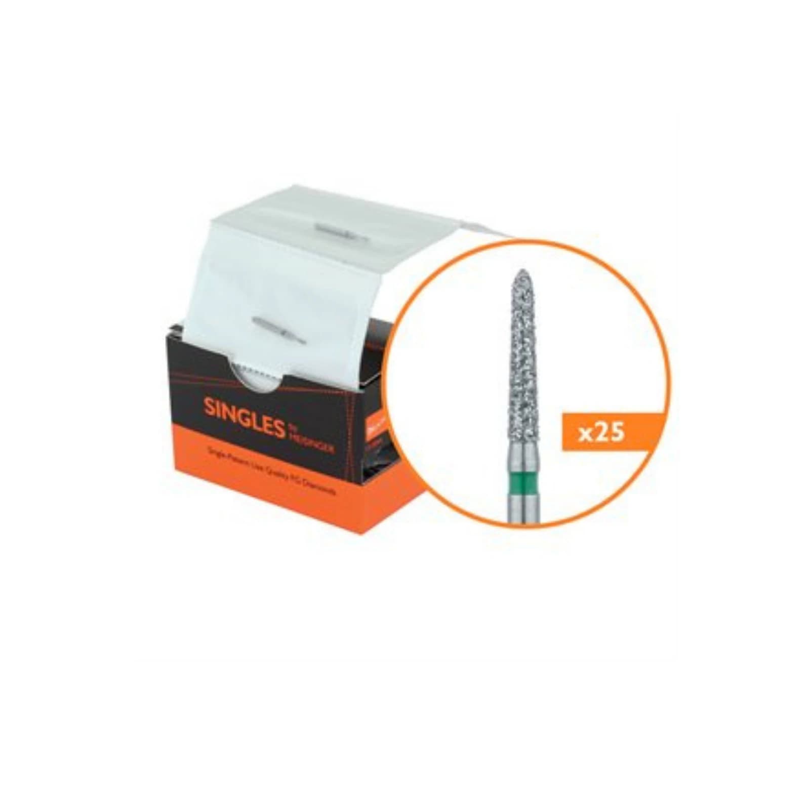 Meisinger Singles Disposable Diamond Bur FG, Coarse, Pointed Taper, 1.6mm Diameter, 8.0mm Length, #1716.8C, 25/Pk - Meisinger FG Single-Use Diamonds - Coarse - #1716.8C - Image 1