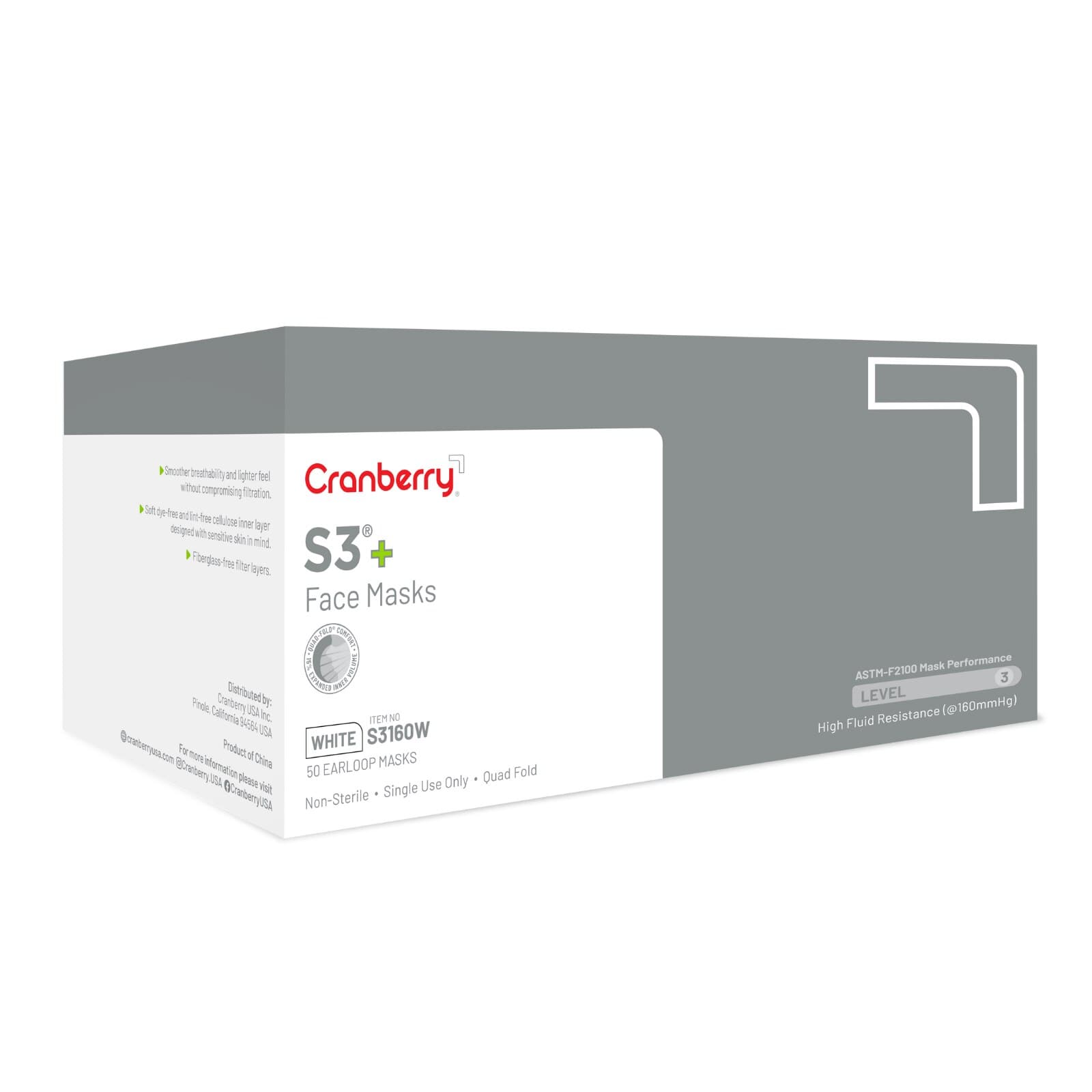 Cranberry S3+ Earloop Face Mask, ASTM Level 3, 3-Ply, White, 50/Box, S3160W thumbnail 15