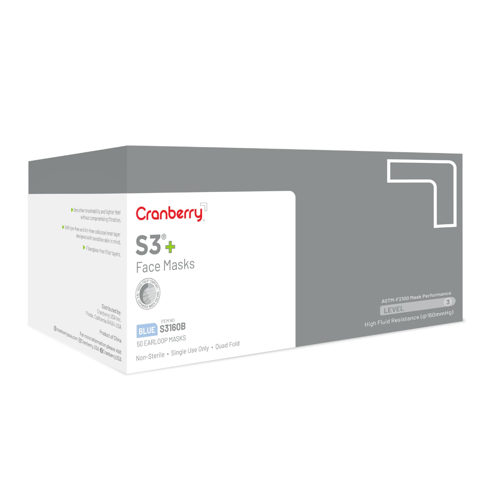 Cranberry S3+ Earloop Face Mask, ASTM Level 3, 3-Ply, Blue, 50/Box, S3160B thumbnail 17