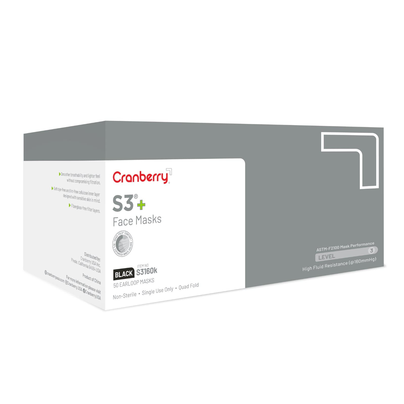 Cranberry S3+ Procedure Face Mask, ASTM Level 3, 3-Ply, Earloop, Black, 50/Box, S3160K thumbnail 17