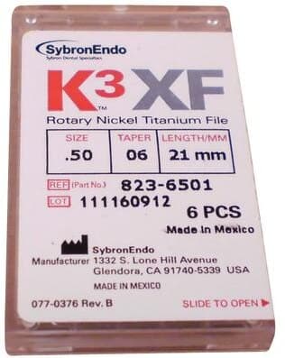 K3 XF NiTi Rotary Files, Taper .06, 21mm, Size #50, Yellow, 6/Pk, 823-6501 thumbnail 2