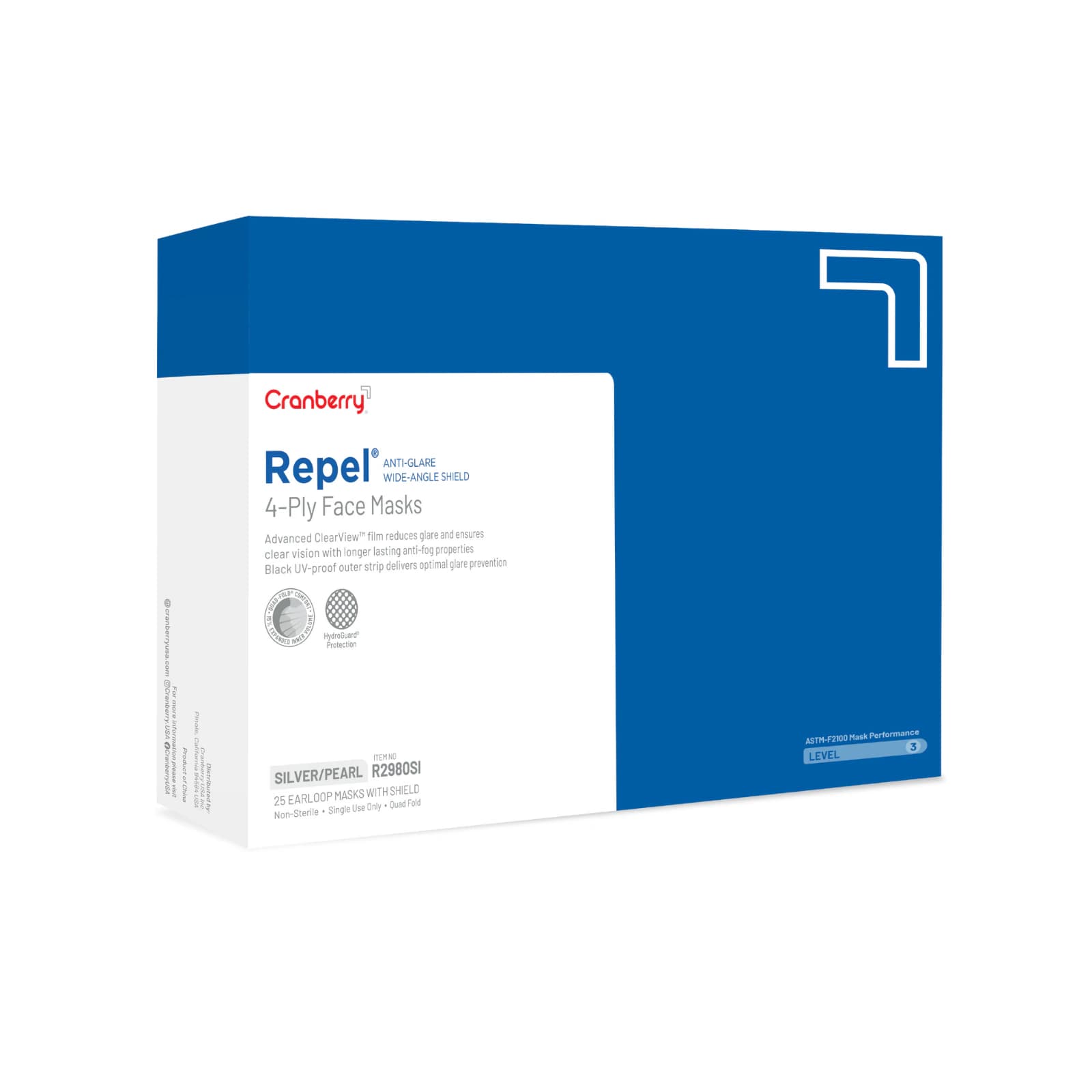 Cranberry Repel 4-Ply Anti-Glare Wide-Angle Earloop Face Mask with Shield, ASTM Level 3, Pearl Silver, 25/Box, R2980SI thumbnail 9