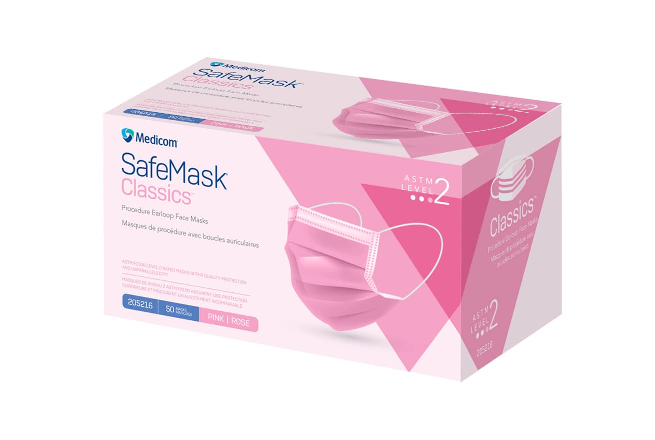 SafeMask® Classics™ Procedure Face Mask, ASTM Level 2, Pink, Ear Loop, One Size Fits Most, 50/Box, 205216 thumbnail 2
