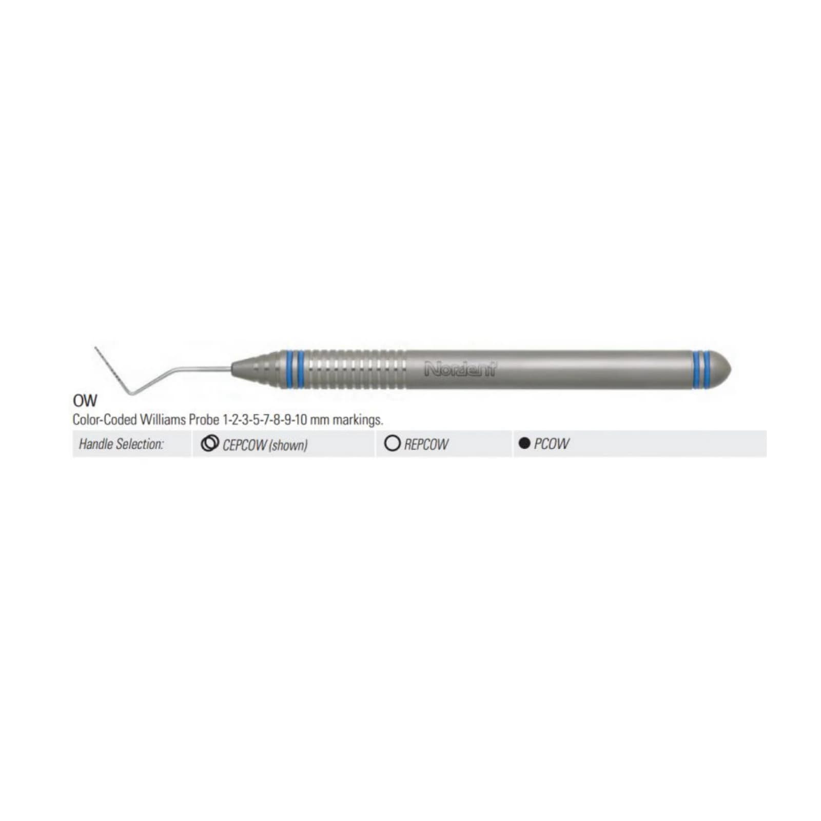 Nordent Williams Single-Ended Color Coded Periodontal Probe, 1-2-3-5-7-8-9-10mm, DuraLite ColorRings, Stainless Steel - Color Coded Probes - Single-Ended - Williams (1-2-3-5-7-8-9-10) - DuraLite&reg; ColorRings - Image 1
