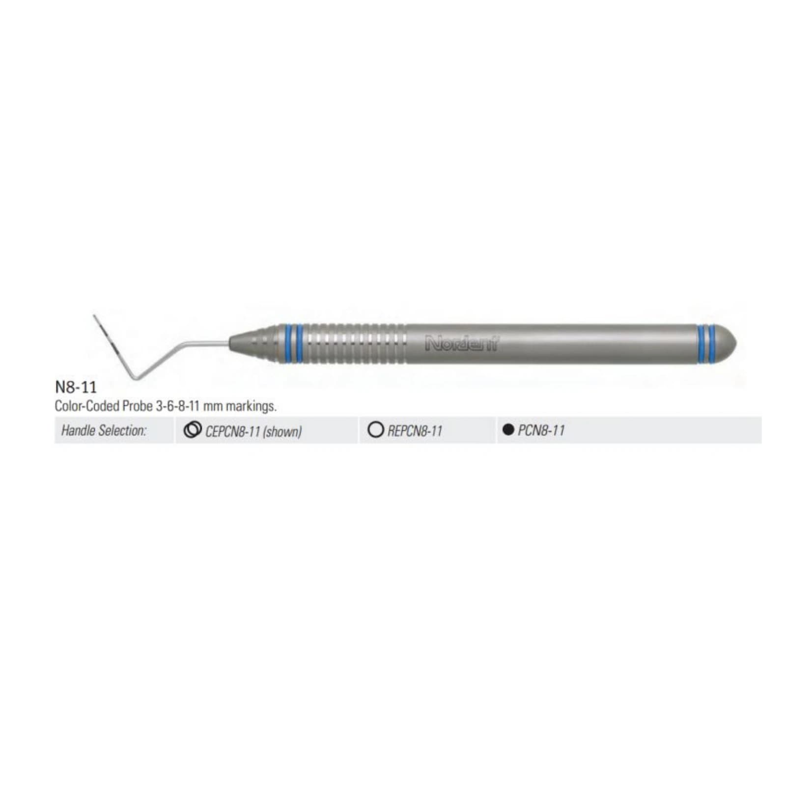 Nordent Color Coded Single-Ended Periodontal Probe #N8-11, 3-6-8-11 mm Markings, DuraLite ColorRings Handle - Color Coded Probes - Single-Ended - #N8-11 (3-6-8-11) - DuraLite&reg; ColorRings - Image 1