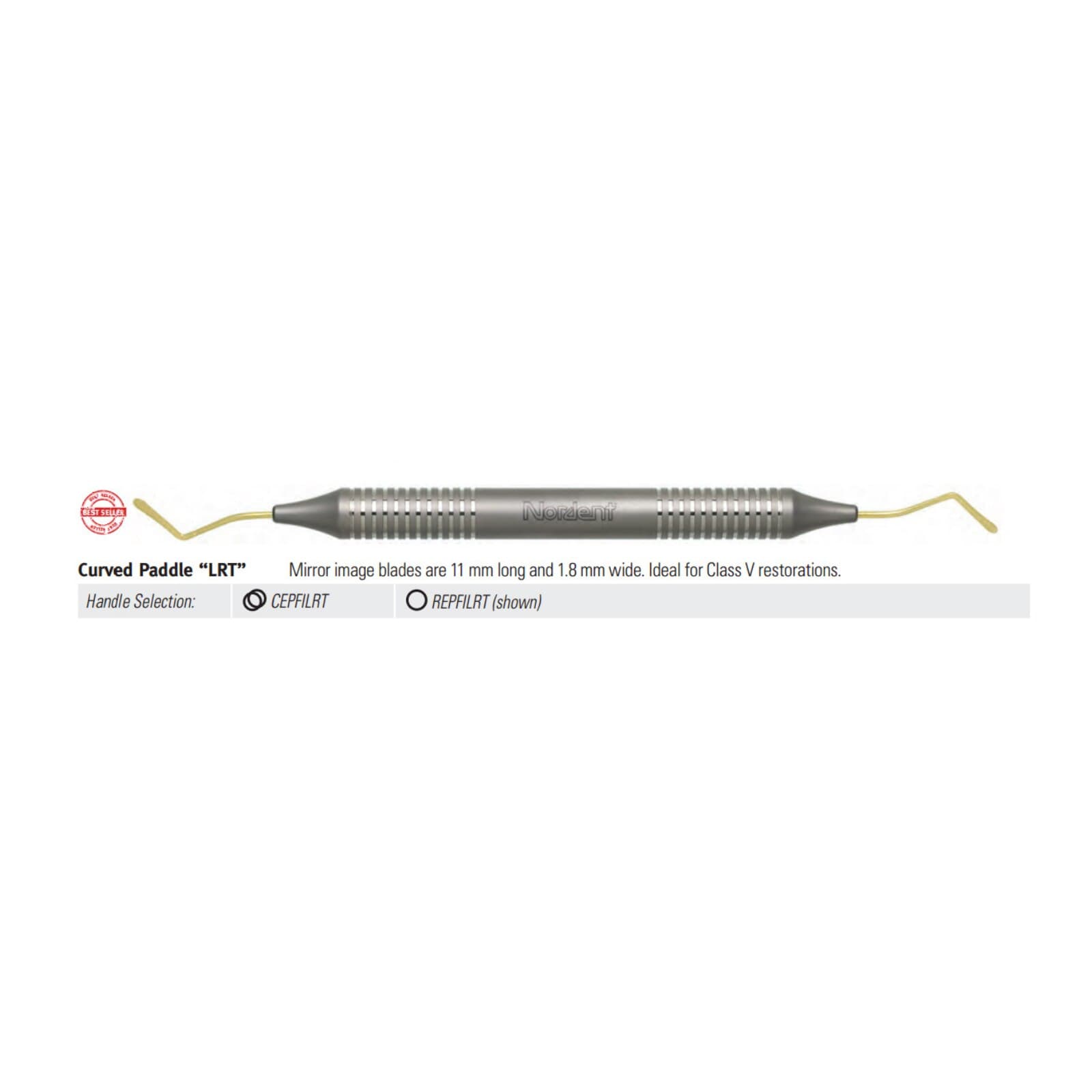Nordent Composite Placement Instrument, Double End, #LRT Curved Paddle, Titanium Nitride Coated, DuraLite Round Handle, Stainless Steel, REPFILRT thumbnail 2