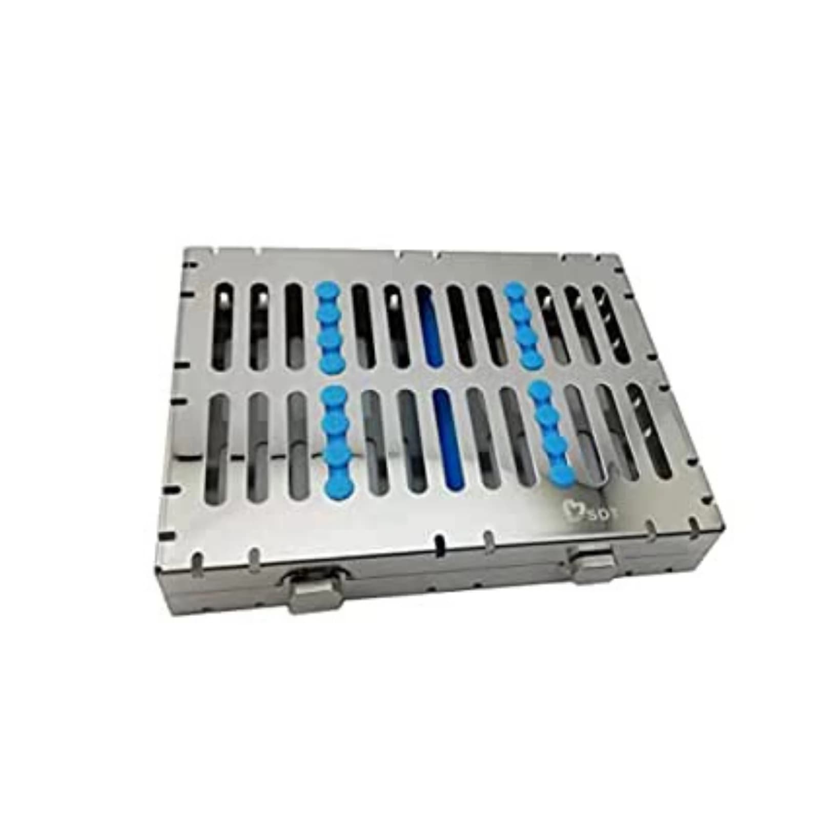 Nordent Large Sterilization Cassette, 13 Instruments with Divider, Blue, Stainless Steel, 8"W x 11"L x 1.25"H - Nordent Large, 13 Instrument plus 4"x 8" open area Sterilization Cassette - Image 1