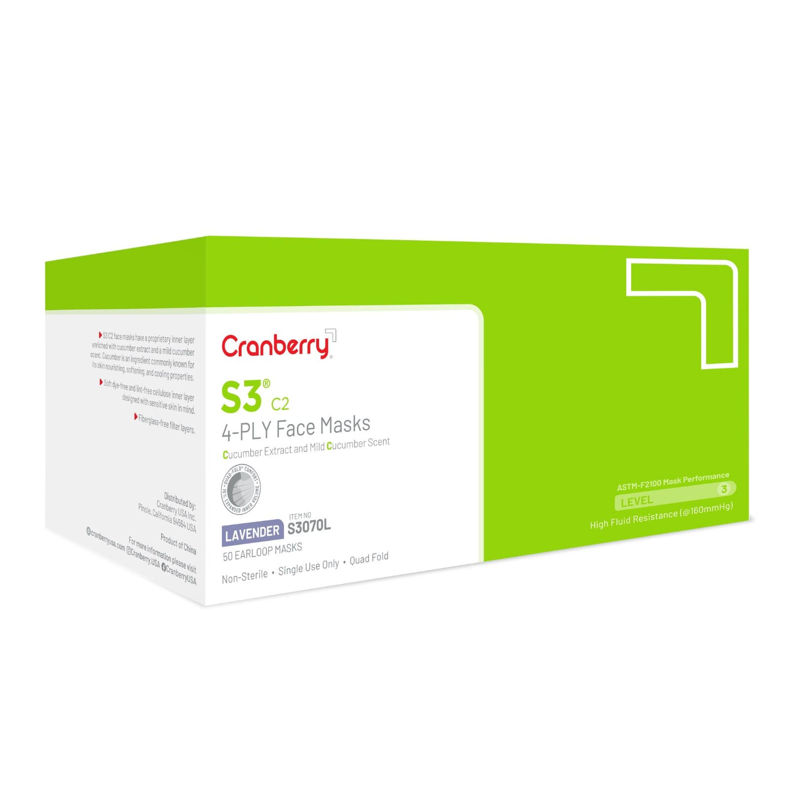 Cranberry S3 C2 Earloop Procedure Face Masks, ASTM Level 3, Lavender, Cucumber Extract, One Size, 50/Box, S3070L thumbnail 4